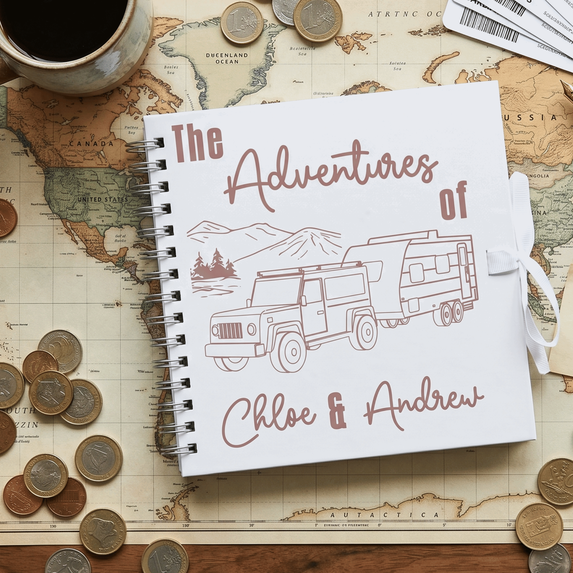 Album titled 'The Adventures of Chloe & Andrew' on a world map with coins around