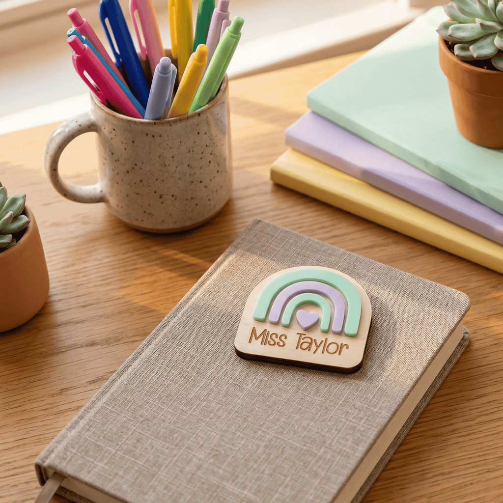 Notebook with a personalized wooden name tag on a desk with stationery items.