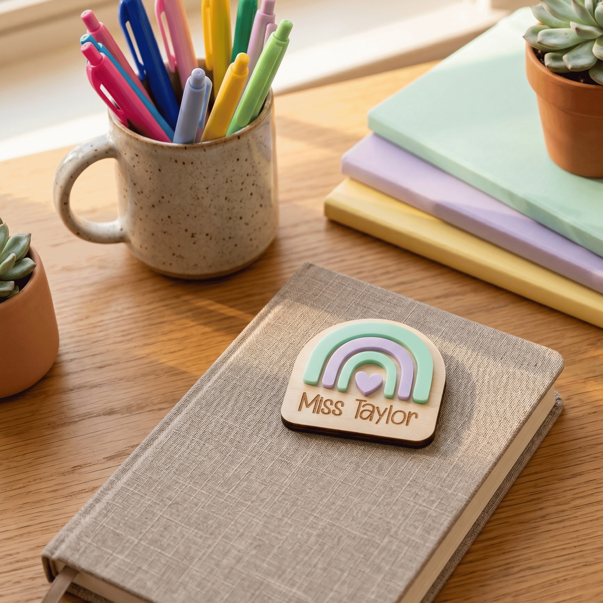 Notebook with a personalized wooden name tag on a desk with stationery items.