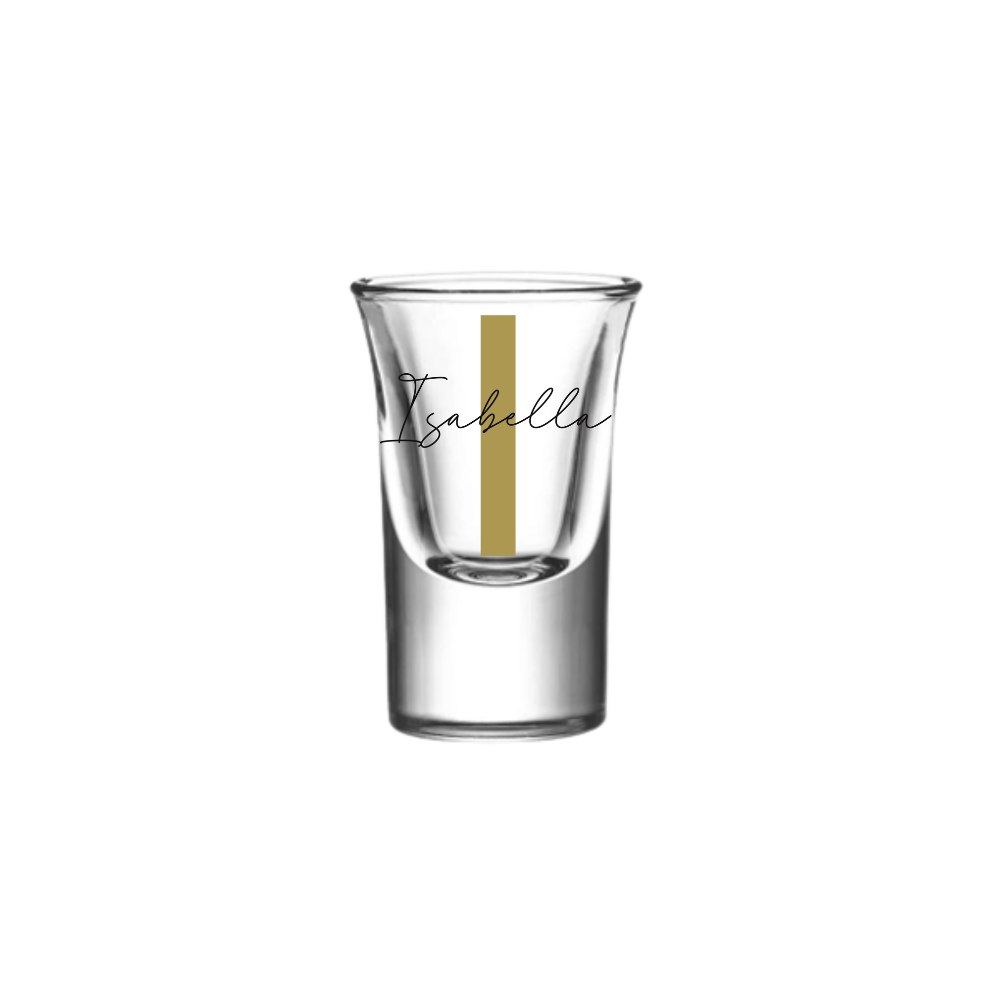 Personalised 25ml shot glass with gold letter I and name Isabella, custom birthday gift for her or him, unique handmade personalised gift Australia