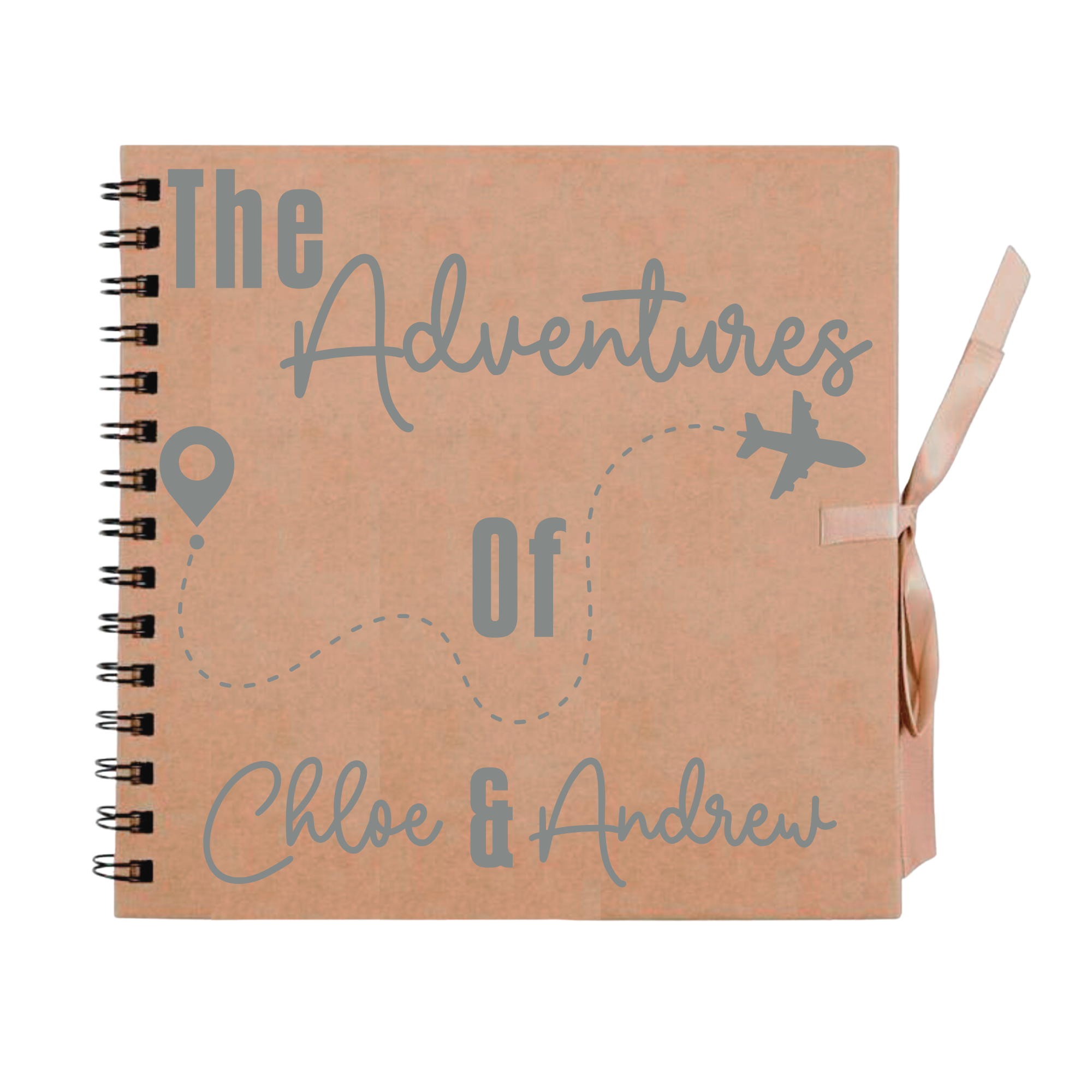 Kraft scrapbook with silver travel-themed design and “Chloe & Andrew” personalisation – ideal road trip photo album or travel keepsake.