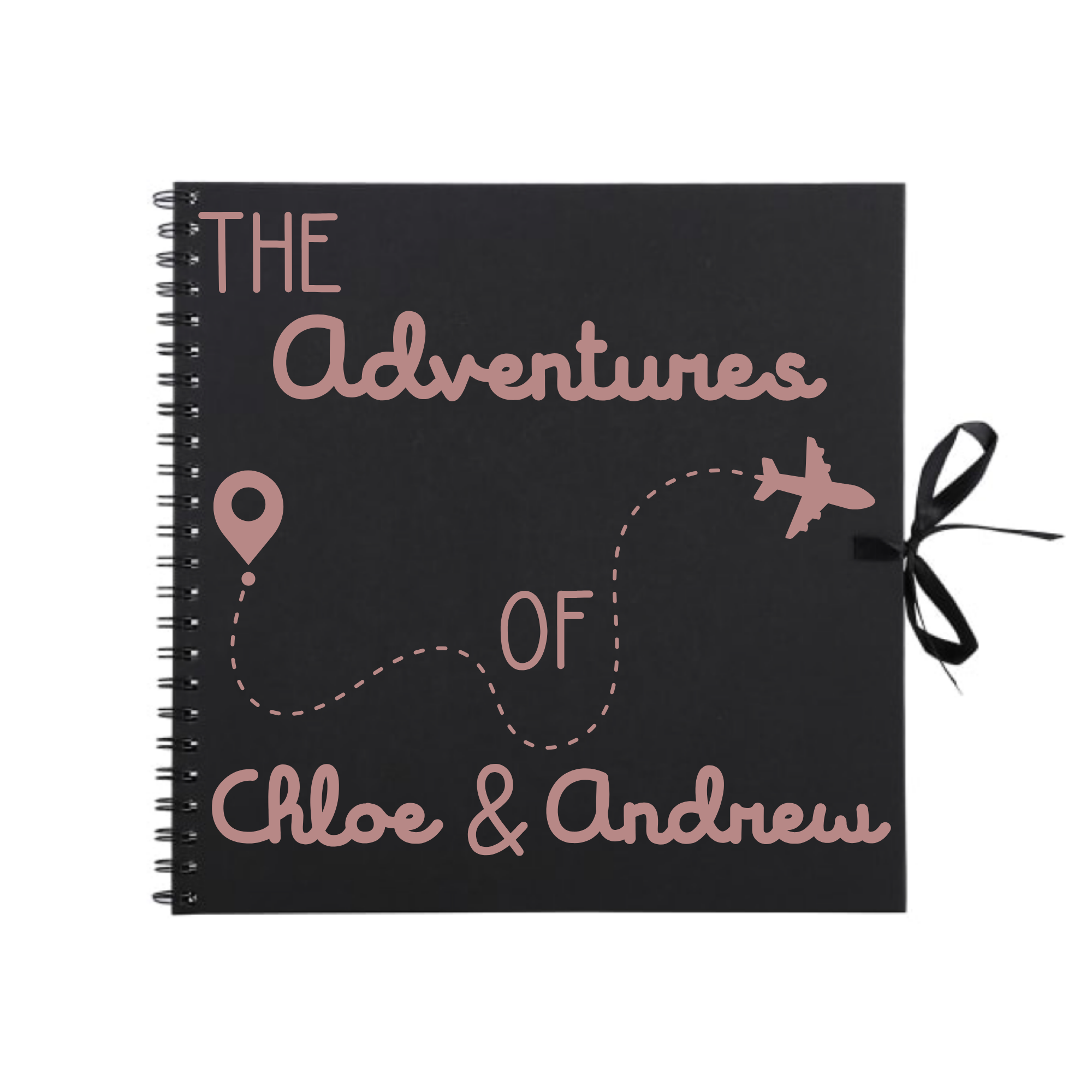 Black travel scrapbook album with rose gold print featuring plane and path design, personalised with “Chloe & Andrew” – perfect gift for her or him.