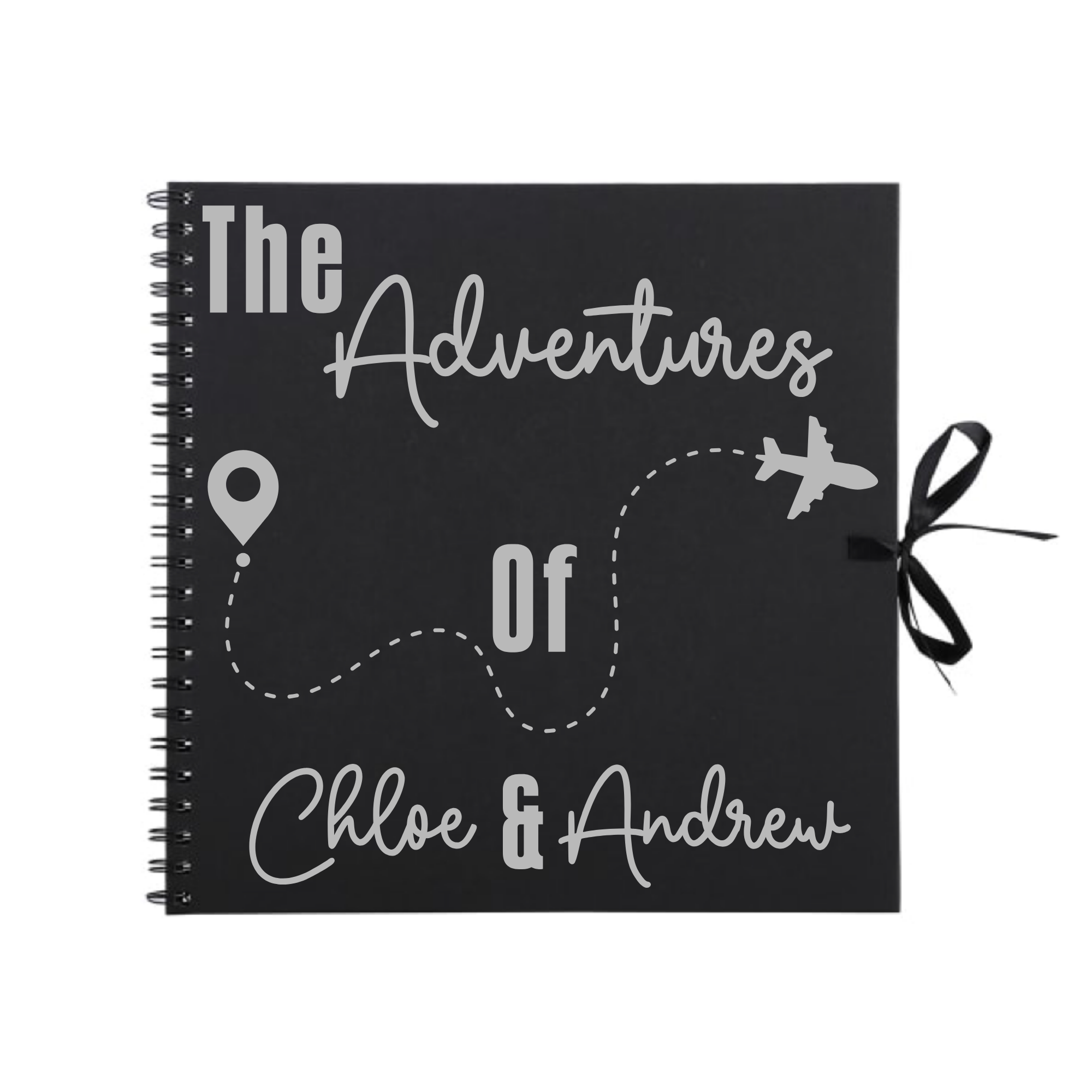 Black scrapbook with silver travel design featuring plane path and “Chloe & Andrew” custom text – personalised travel photo journal.