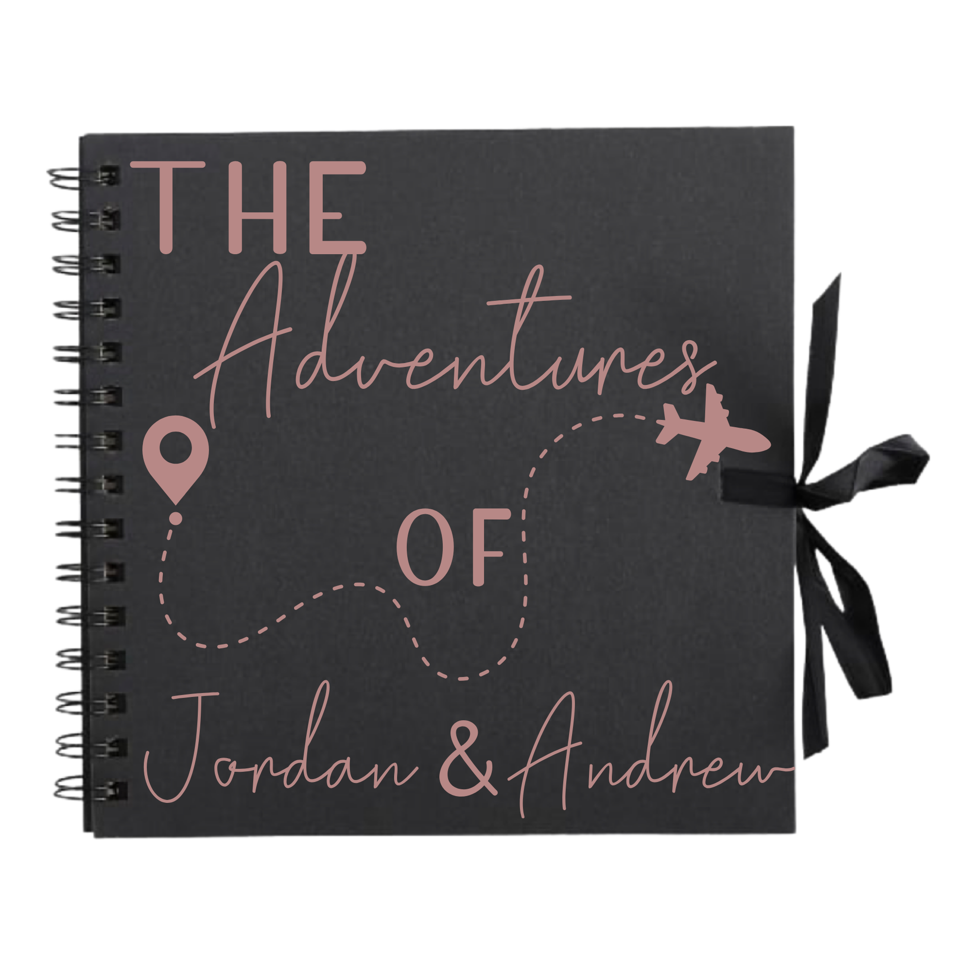 Black travel scrapbook album with rose gold print featuring plane and path design, personalised with “Jordan & Andrew” – perfect gift for her or him