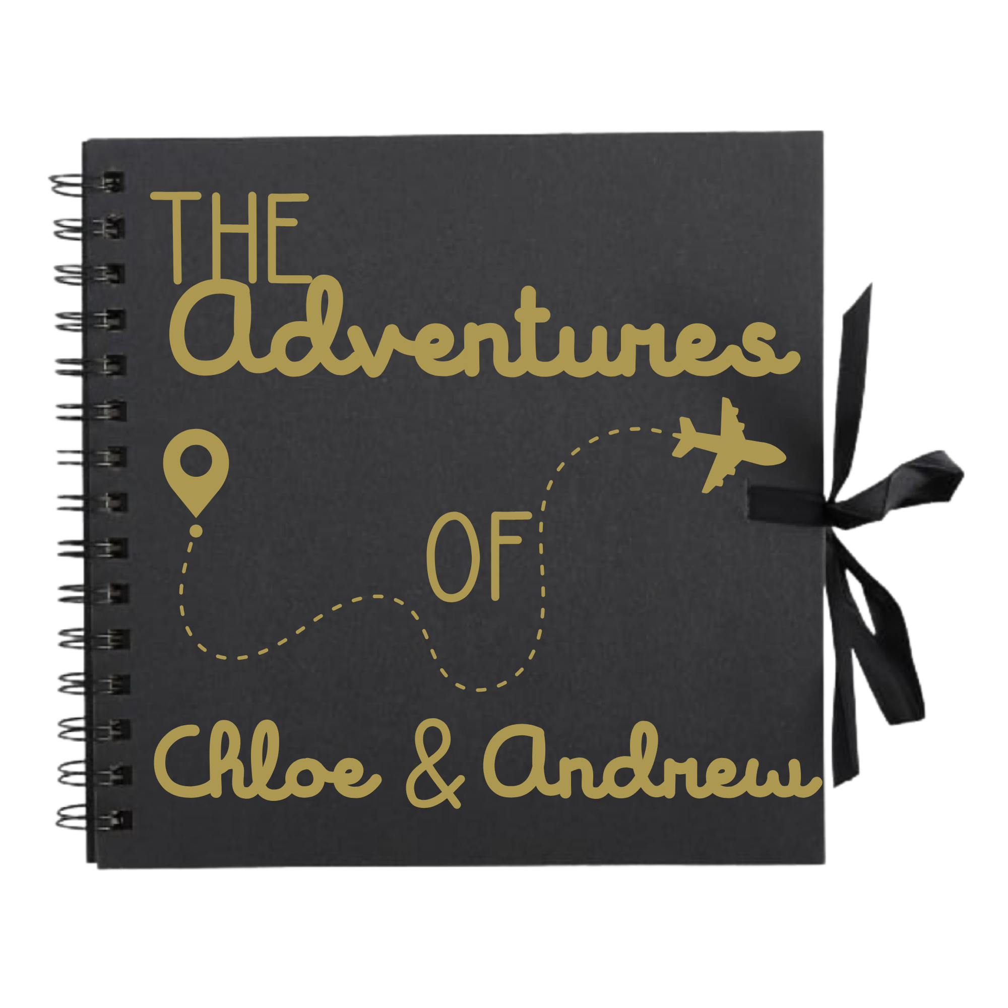 Black scrapbook with gold travel-themed design and the names “Chloe & Andrew” – handmade photo album for world travellers.
