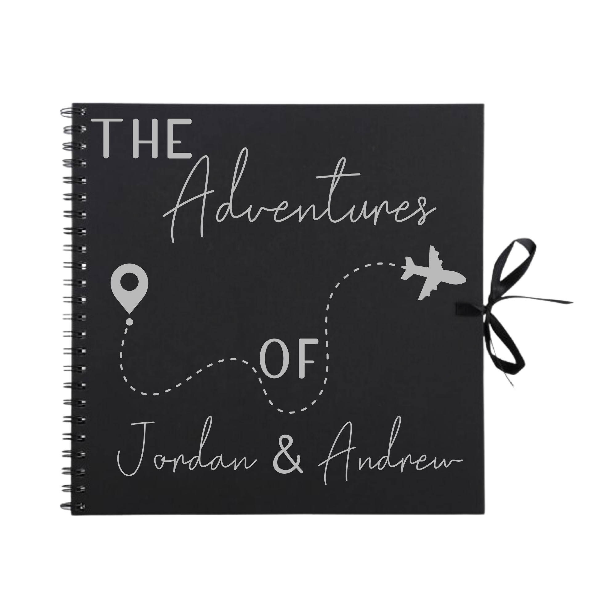 Black scrapbook with silver travel design featuring plane path and “Chloe & Andrew” custom text – personalised travel photo journal.