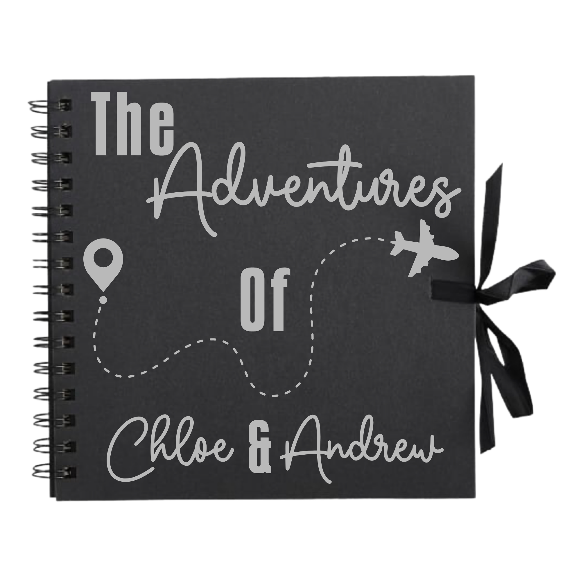Black scrapbook with silver travel design featuring plane path and “Chloe & Andrew” custom text – personalised travel photo journal.