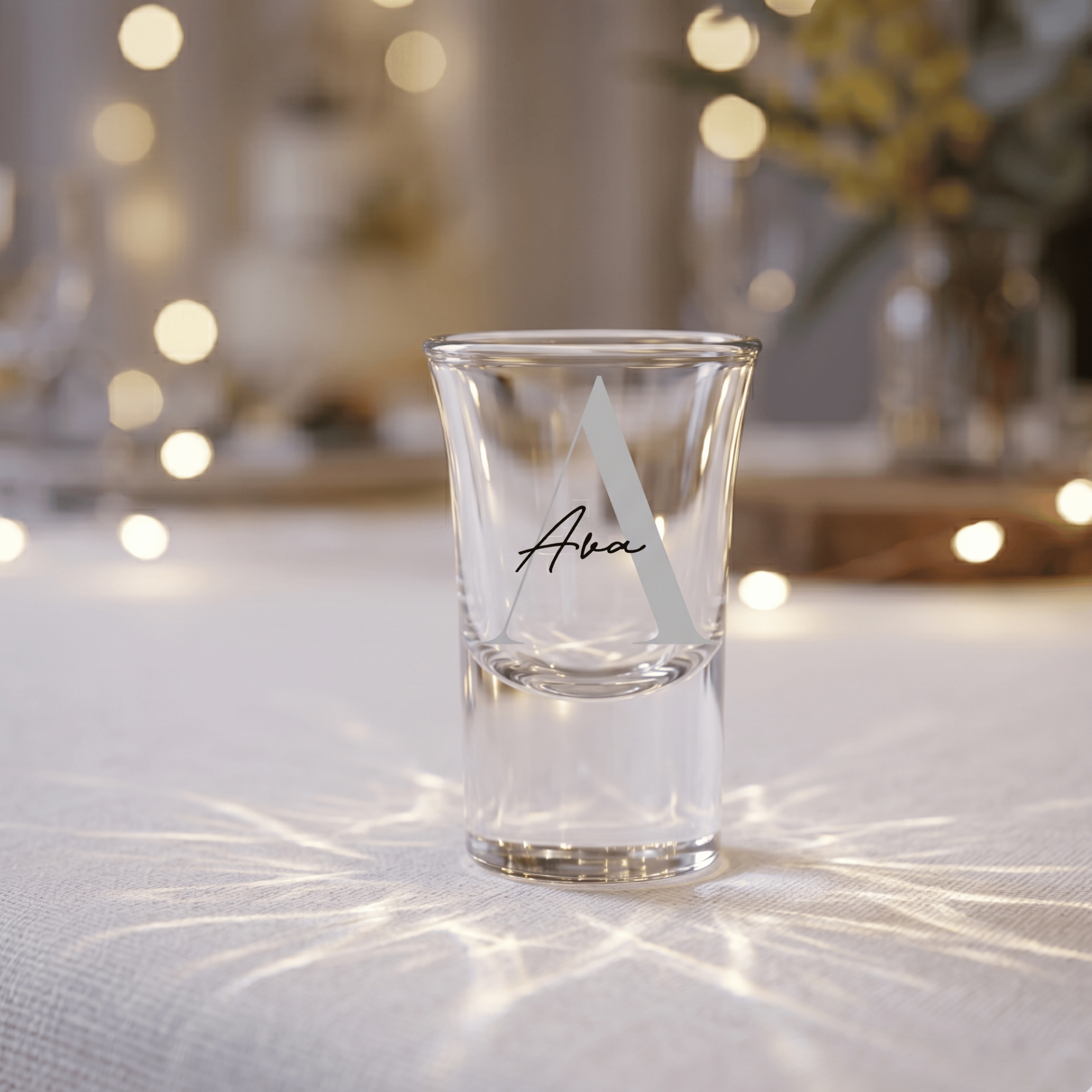 Clear shot glass with 'Ava' engraving on a textured surface with blurred lights in the background