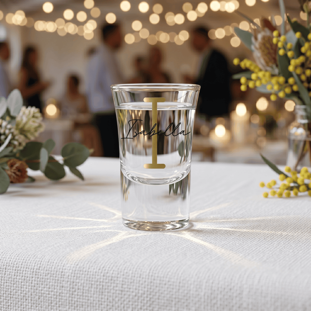 Clear glass with 'Isabella' and a number on a table with blurred background
