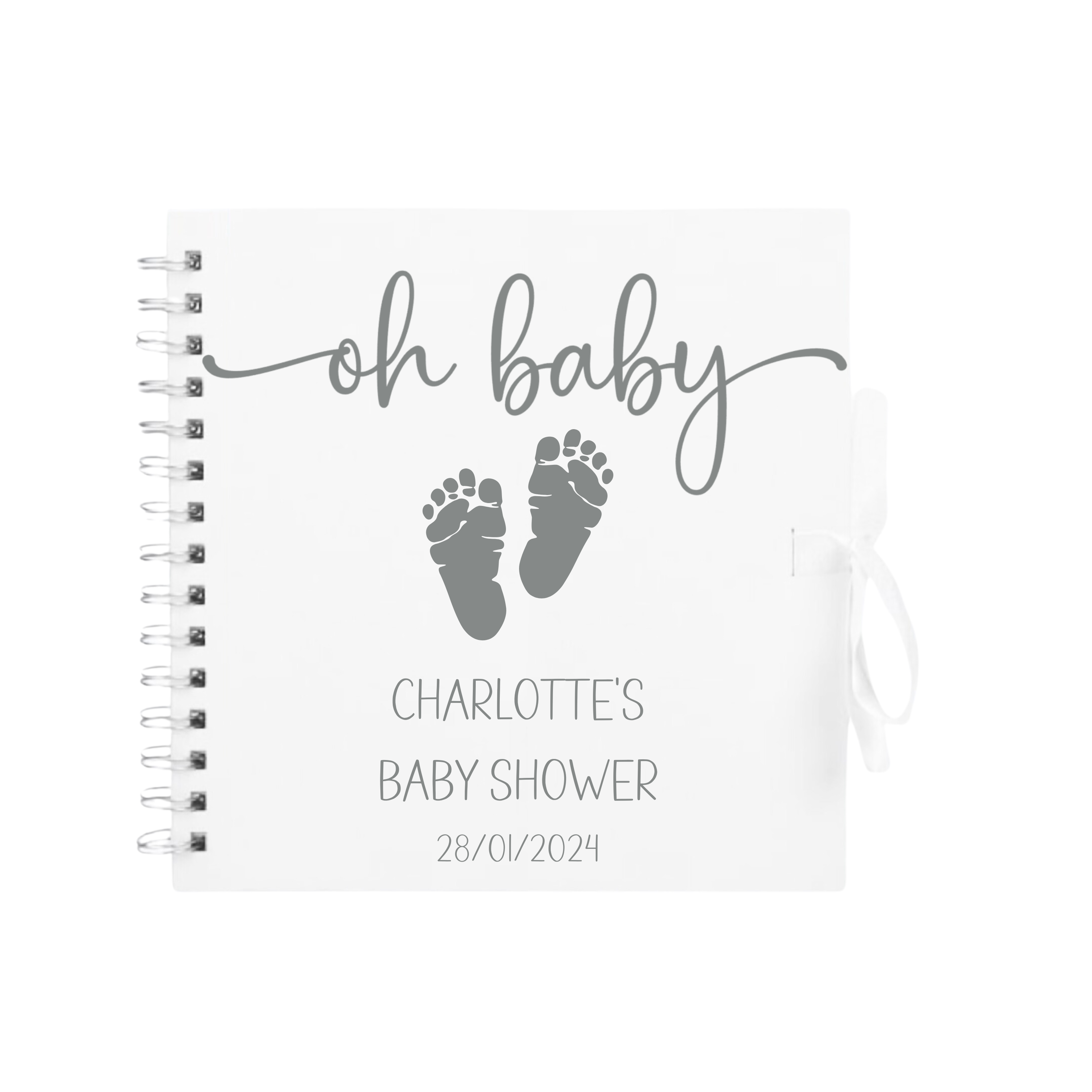 White scrapbook with silver "oh baby" text and grey baby footprints – customised baby shower photo album gift with Charlotte’s details.