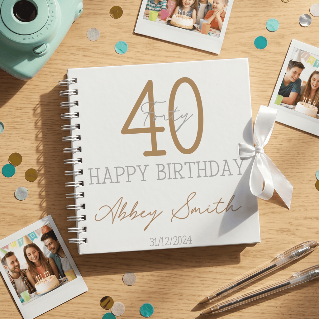 Personalised birthday album with photos and confetti on a wooden surface