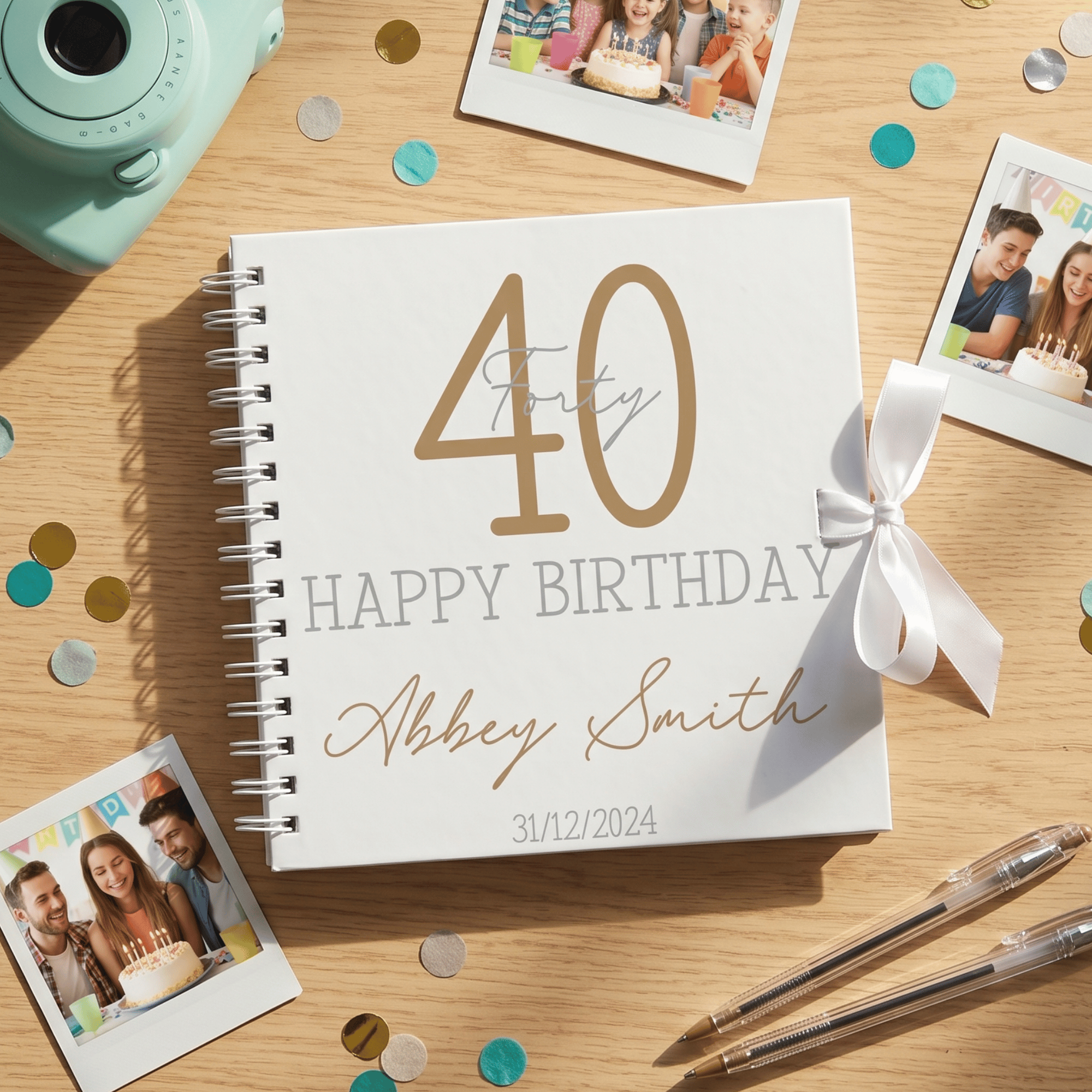 Personalised birthday album with photos and confetti on a wooden surface