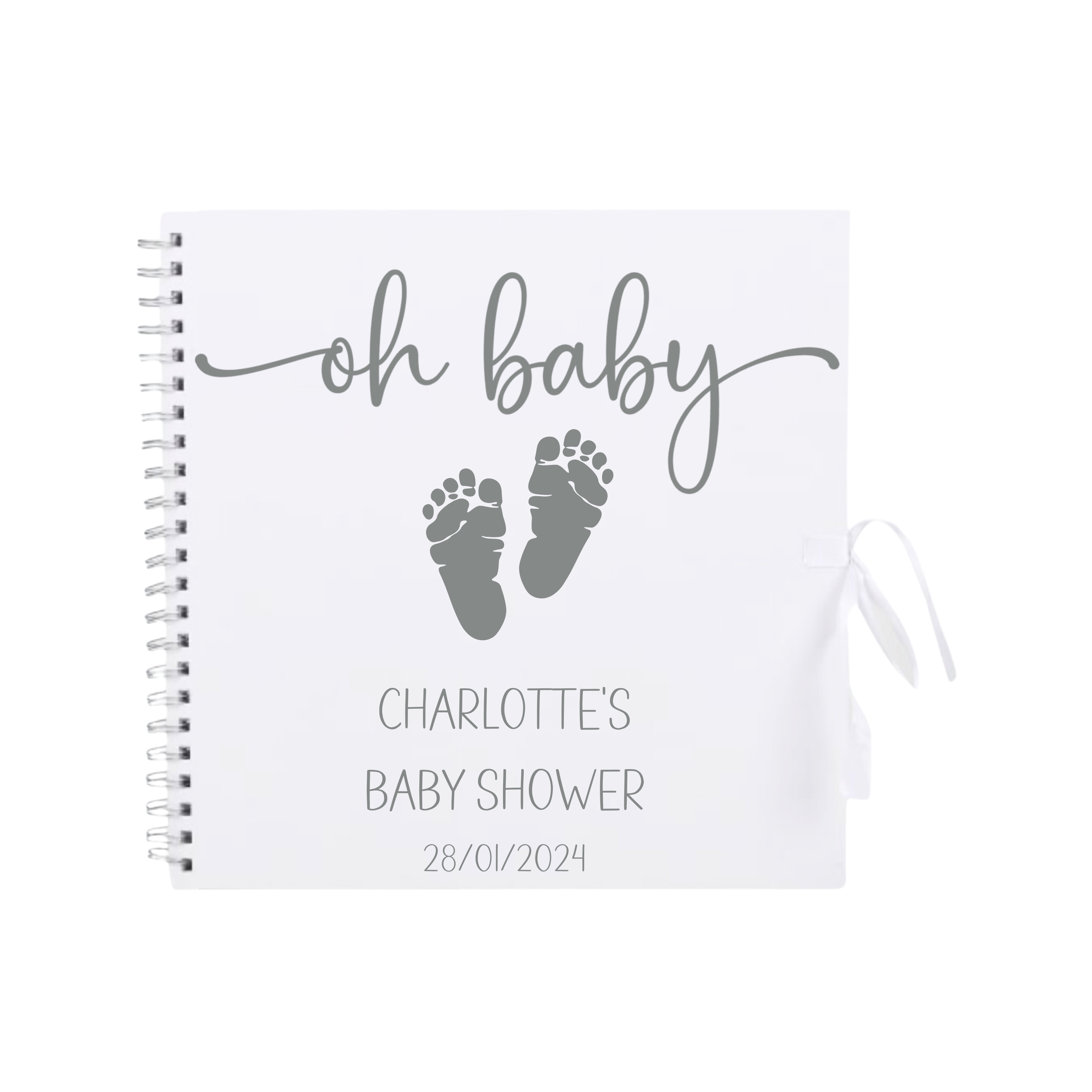 White scrapbook with silver "oh baby" text and silver baby footprints – customised baby shower photo album gift with Charlotte’s details.