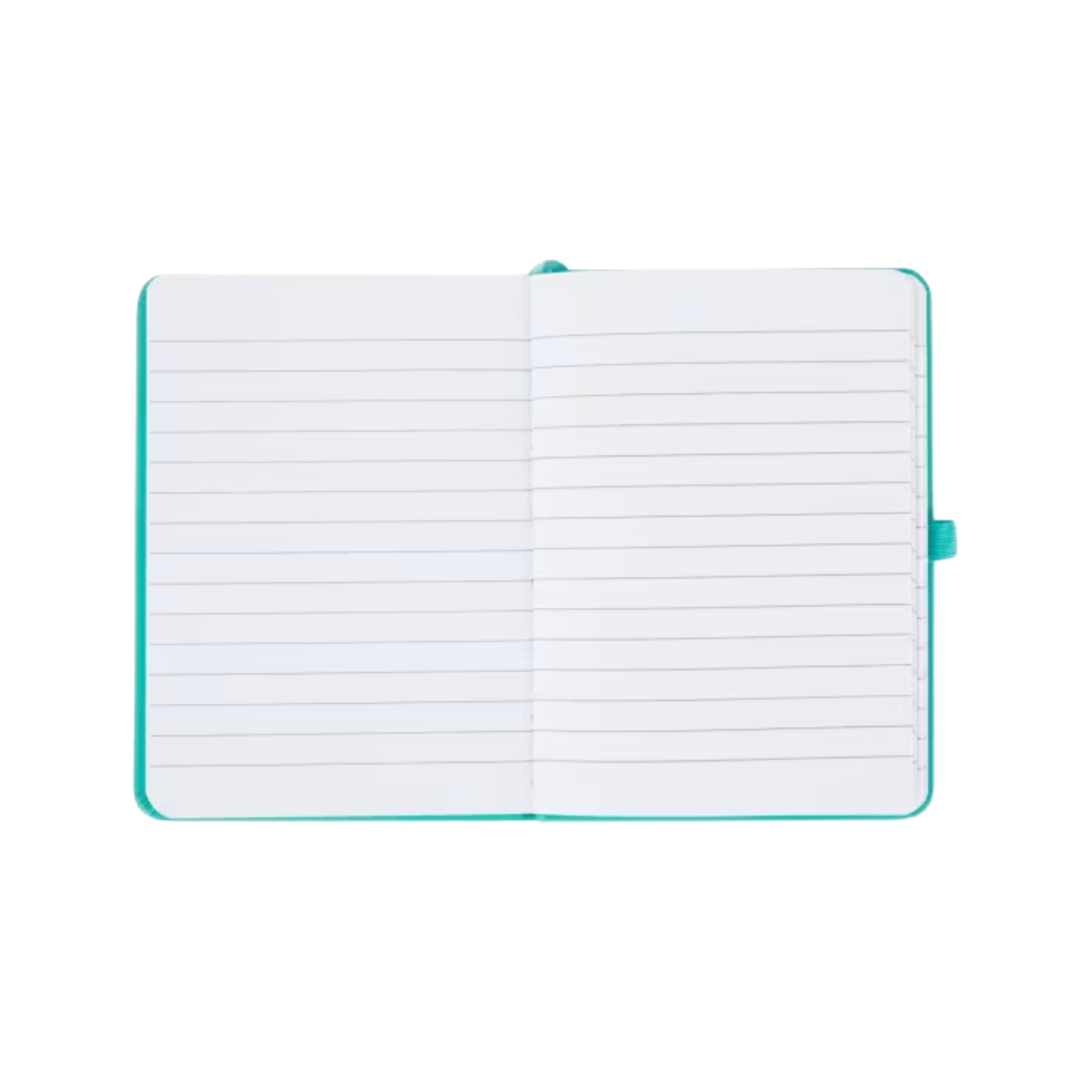Open teal personalised A6 notebook showing lined pages with hard cover binding and elastic strap.