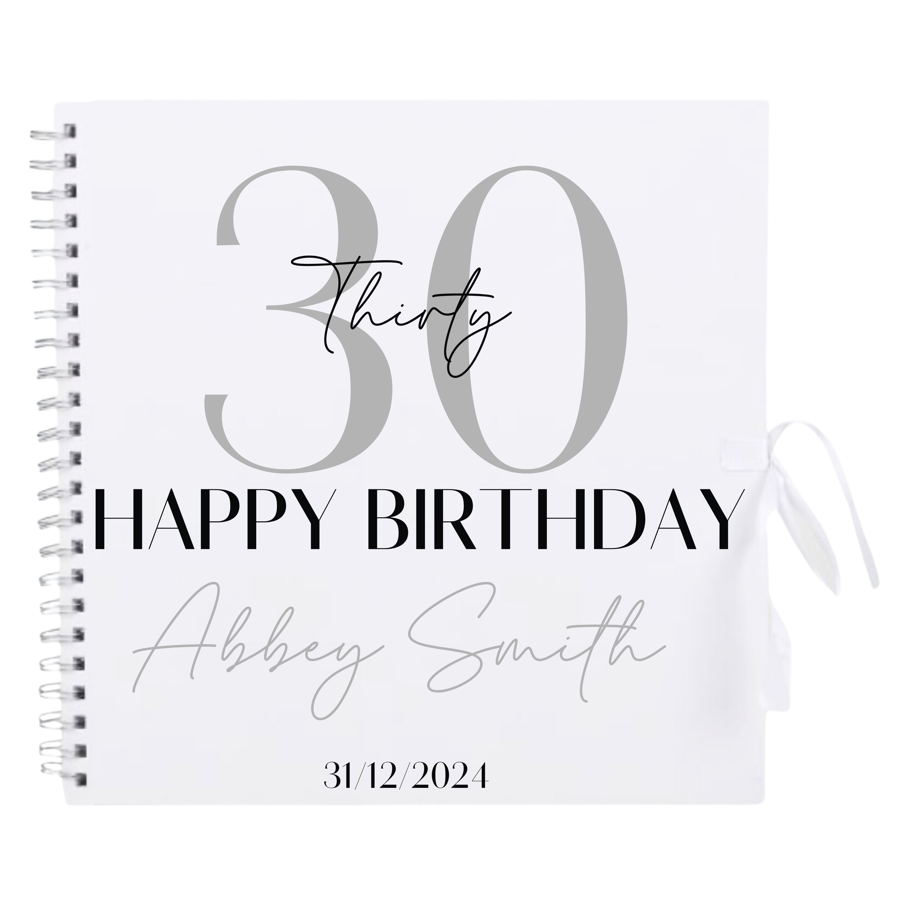 Personalised 30th birthday scrapbook album in white cover with silver detailing and custom name