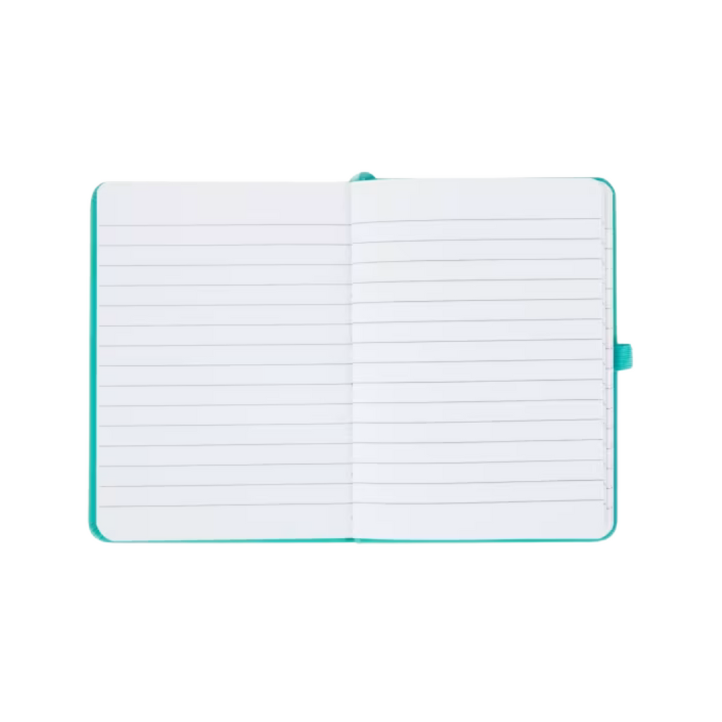 Open teal personalised A6 notebook showing lined pages with hard cover binding and elastic strap.