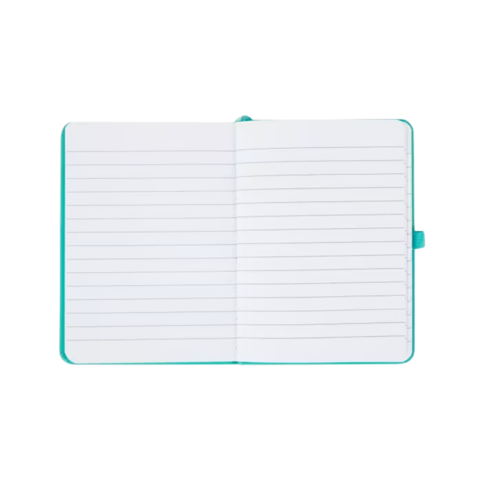 Open teal personalised A6 notebook showing lined pages with hard cover binding and elastic strap.