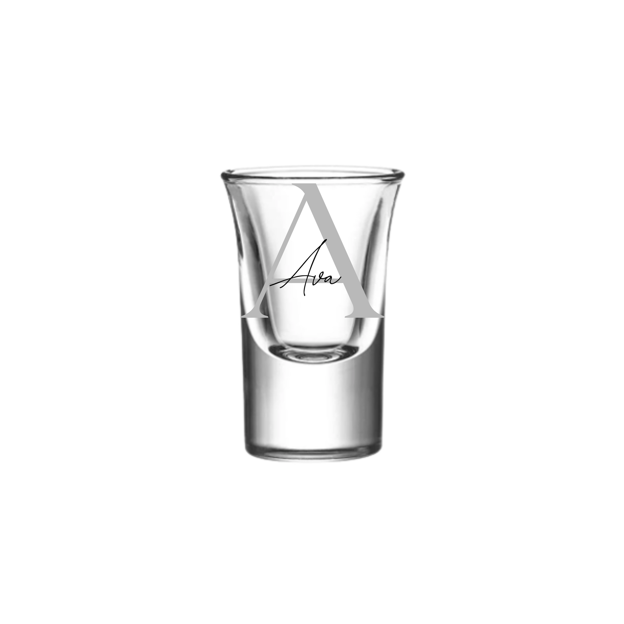 Personalised 25ml shot glass with grey letter A and name Ava, custom handmade shot glass, perfect birthday gift for her or him, milestone gift Australia