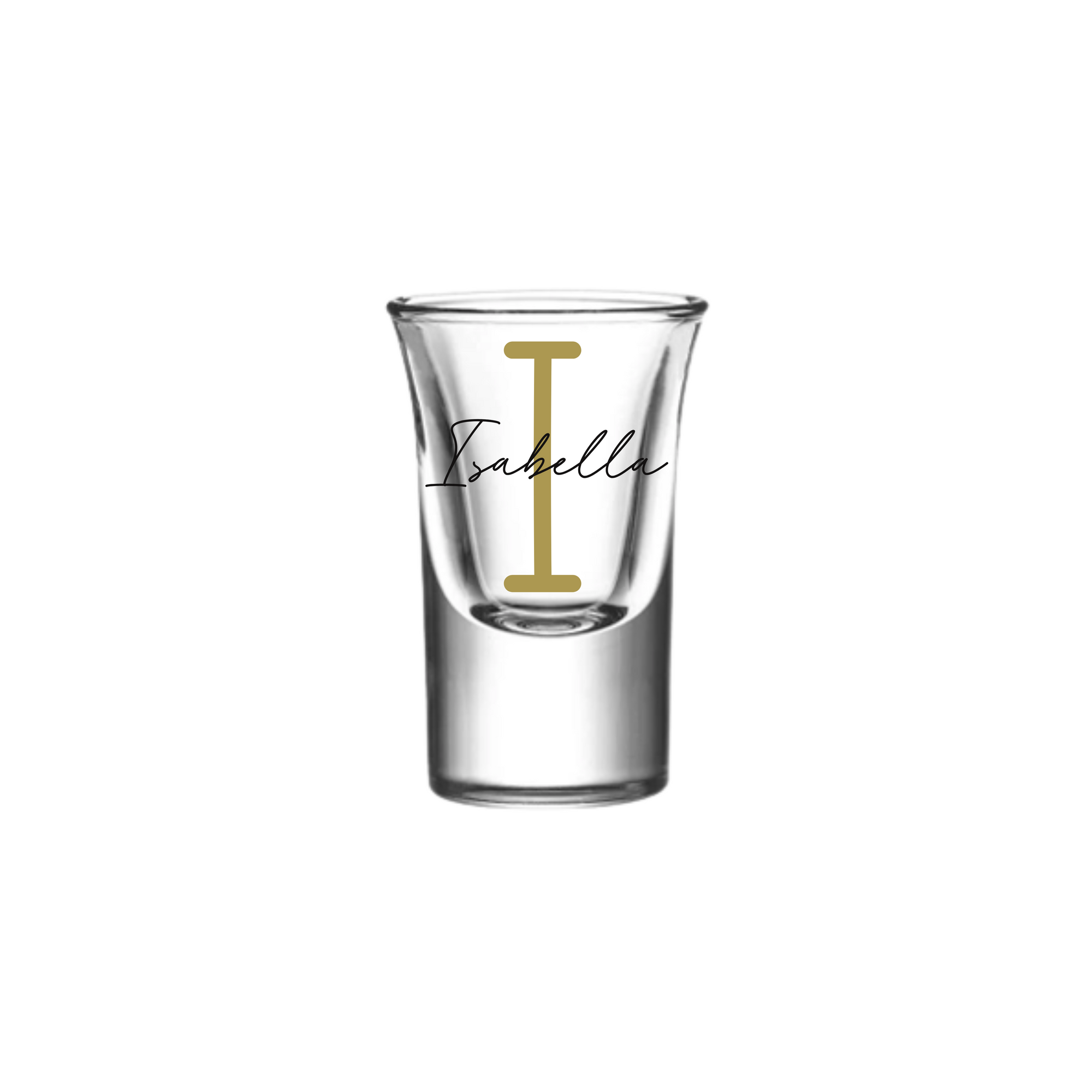 Personalised 25ml shot glass with gold letter I and name Isabella, custom birthday gift for her or him, unique handmade personalised gift Australia