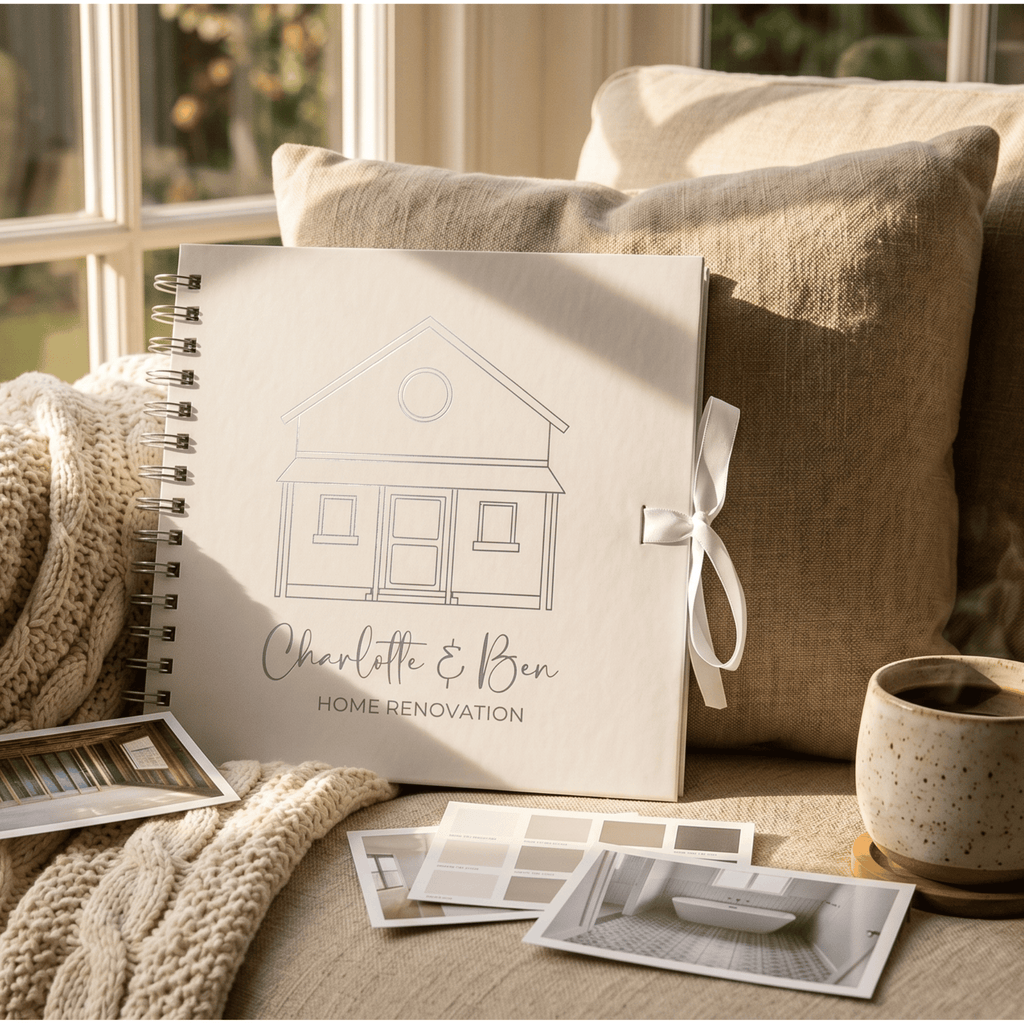 Personalised home renovation album on a couch with photos and a cup.