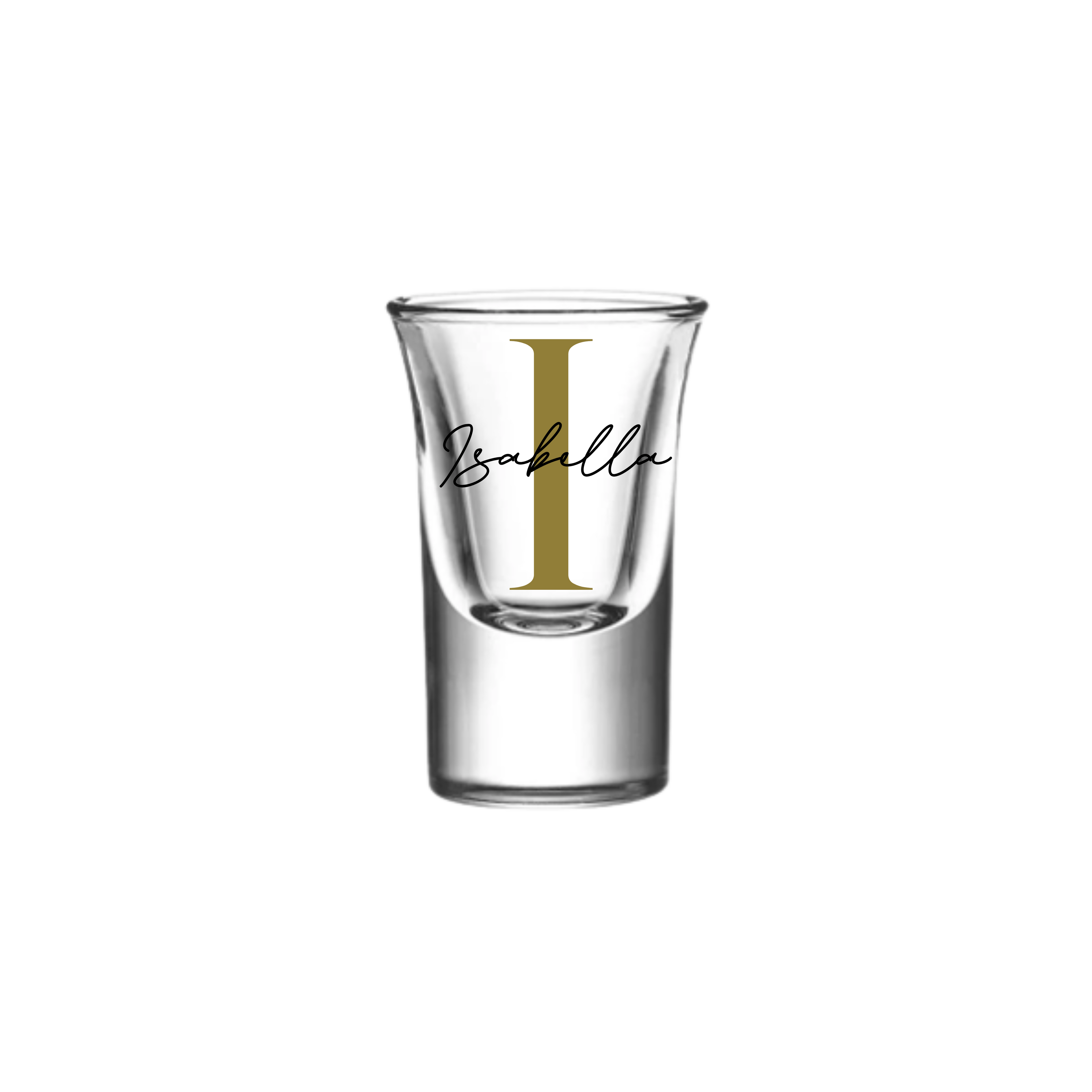 Personalised 25ml shot glass with gold letter I and name Isabella, custom birthday gift for her or him, unique handmade personalised gift Australia