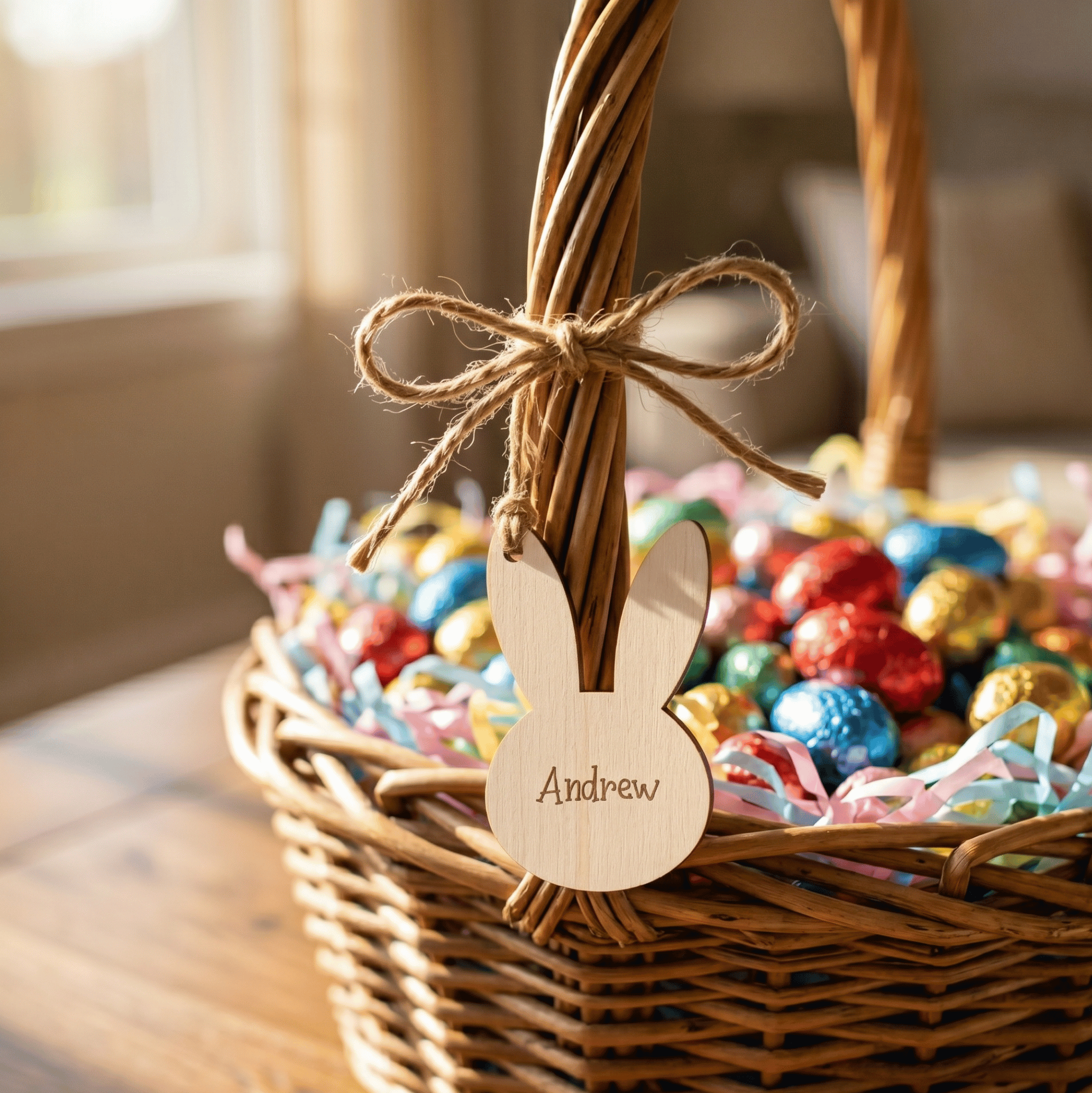 Wicker Easter basket filled with colorful eggs and candy, featuring a wooden bunny tag with 'Andrew' on it.