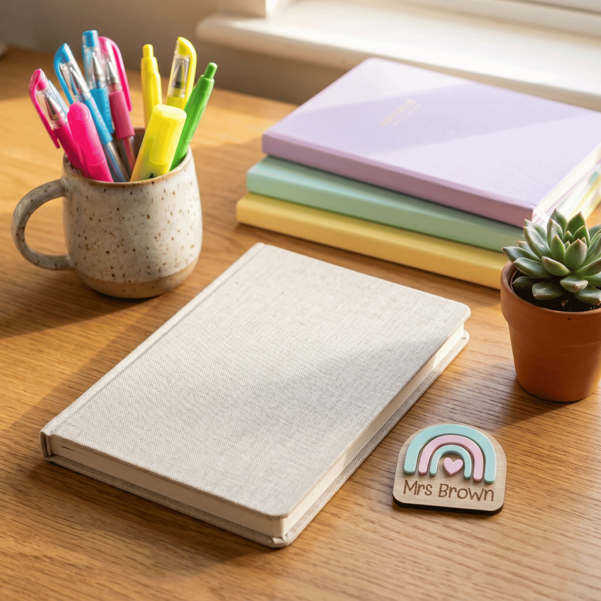 Notebook with colorful pens, a mug, and a small plant on a wooden surface.