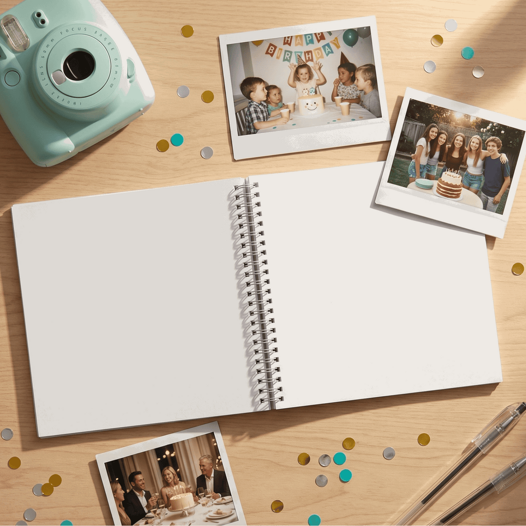 Open album with photos of a birthday celebration on a wooden surface with a camera and confetti.
