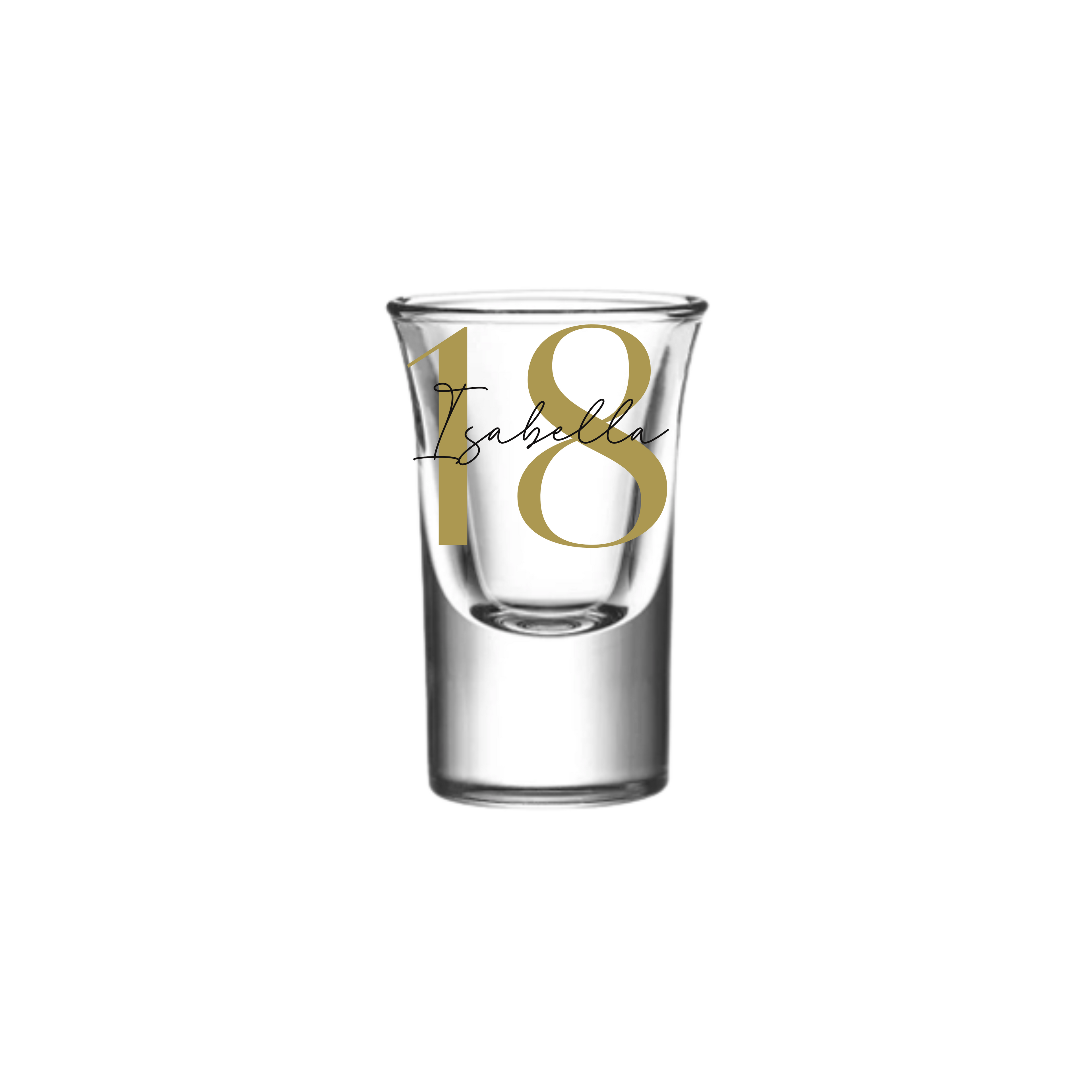 Personalised 25ml shot glass with gold number 18 and name Isabella, perfect 18th birthday gift for her or him, milestone personalised gift Australia
