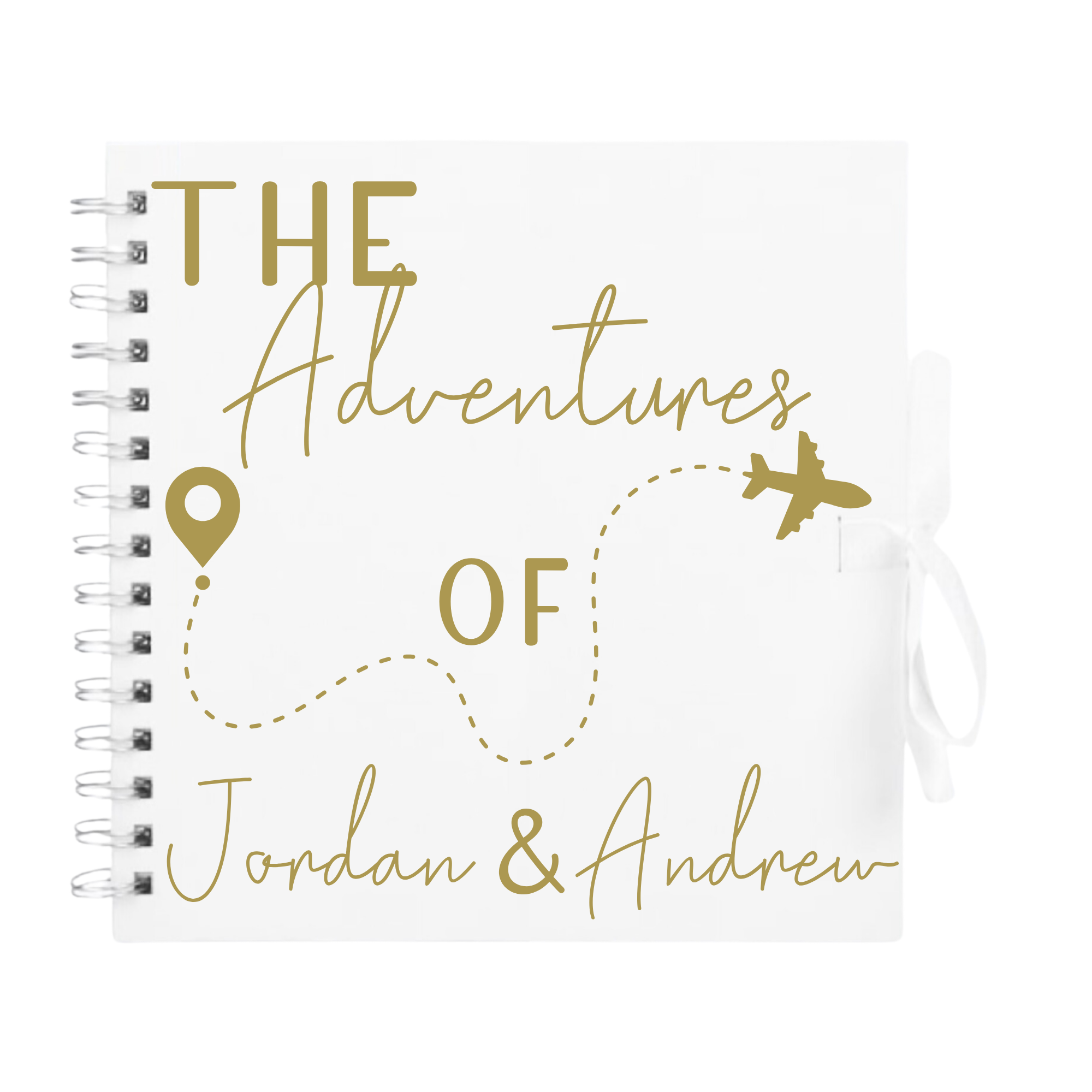 White scrapbook album with gold travel design and “Jordan & Andrew” personalisation – custom keepsake for globetrotters and couples.