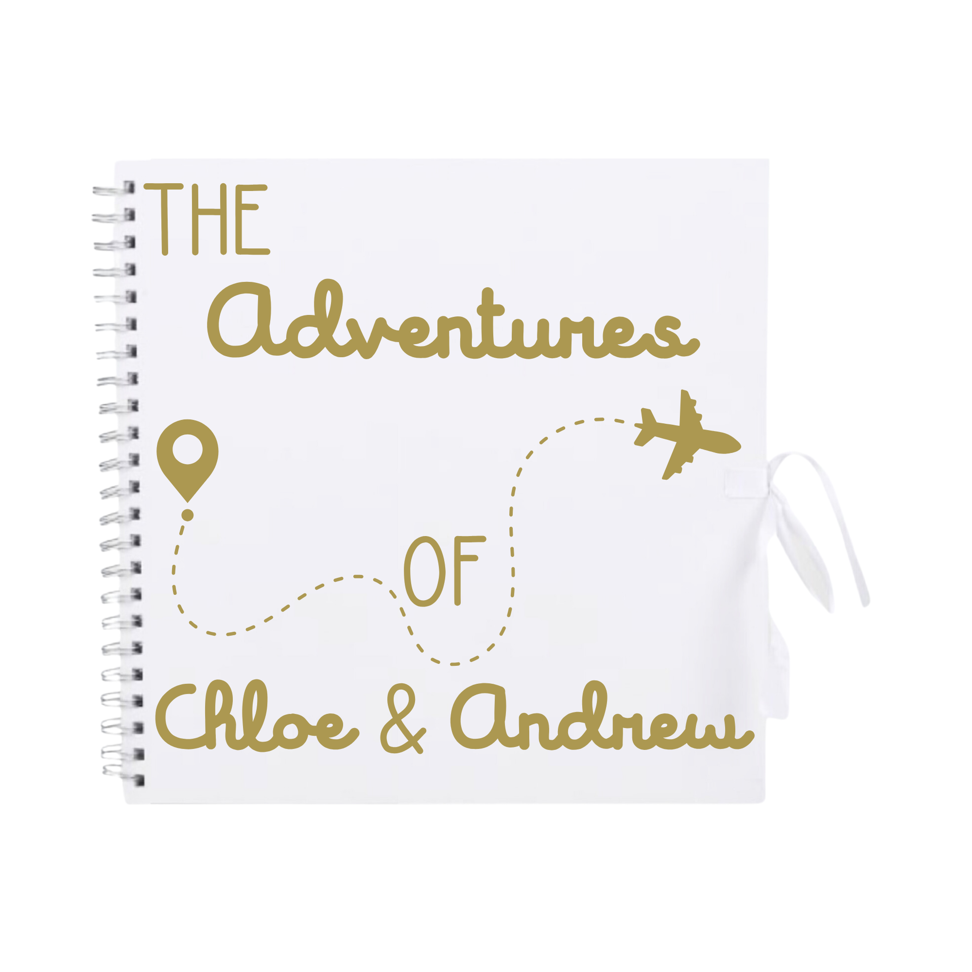 White scrapbook album with gold travel design and “Chloe & Andrew” personalisation – custom keepsake for globetrotters and couples.
