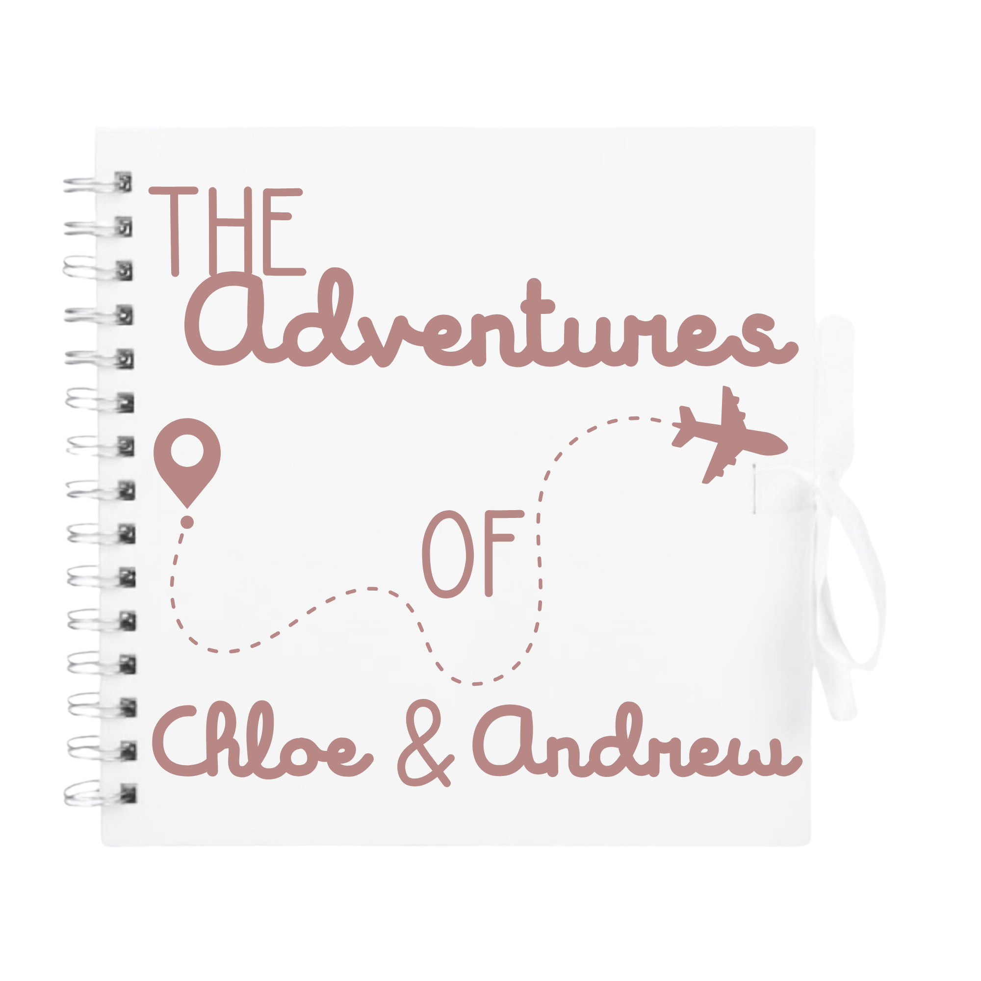 White personalised travel scrapbook album with rose gold design and plane path, featuring the names “Chloe & Andrew” – ideal holiday photo album.