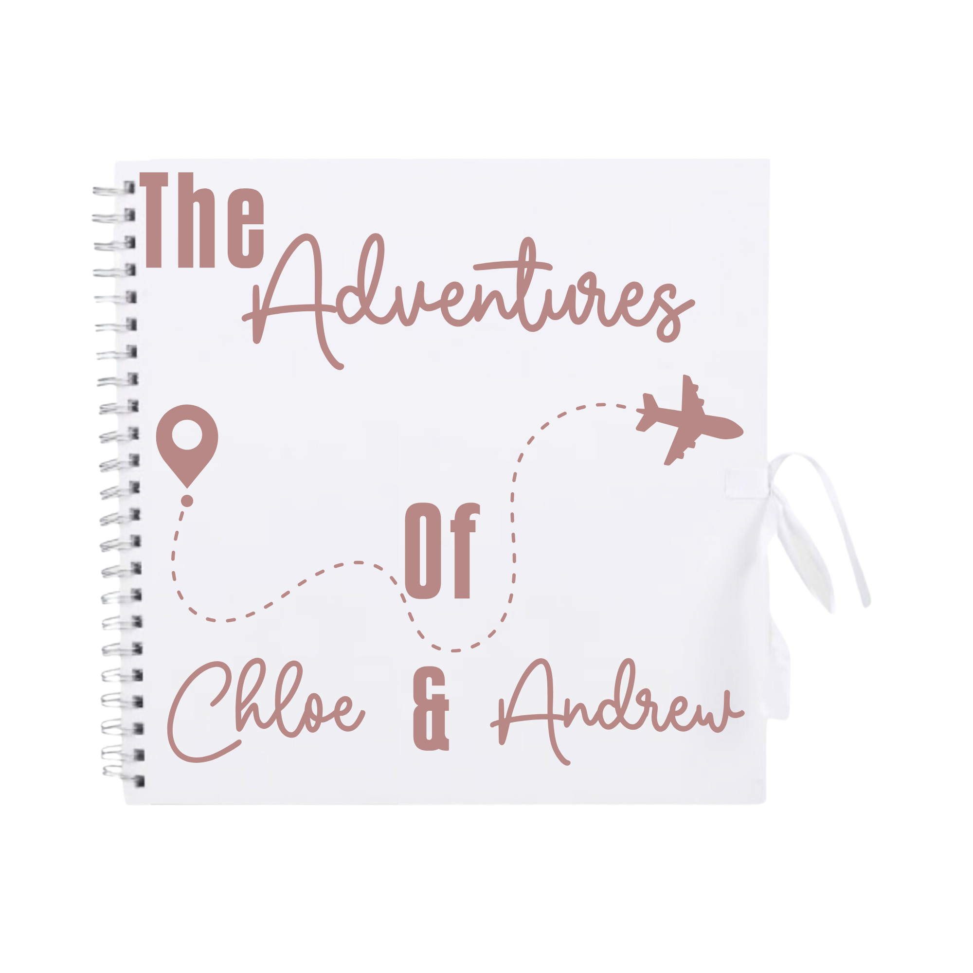 White personalised travel scrapbook album with rose gold design and plane path, featuring the names “Chloe & Andrew” – ideal holiday photo album.