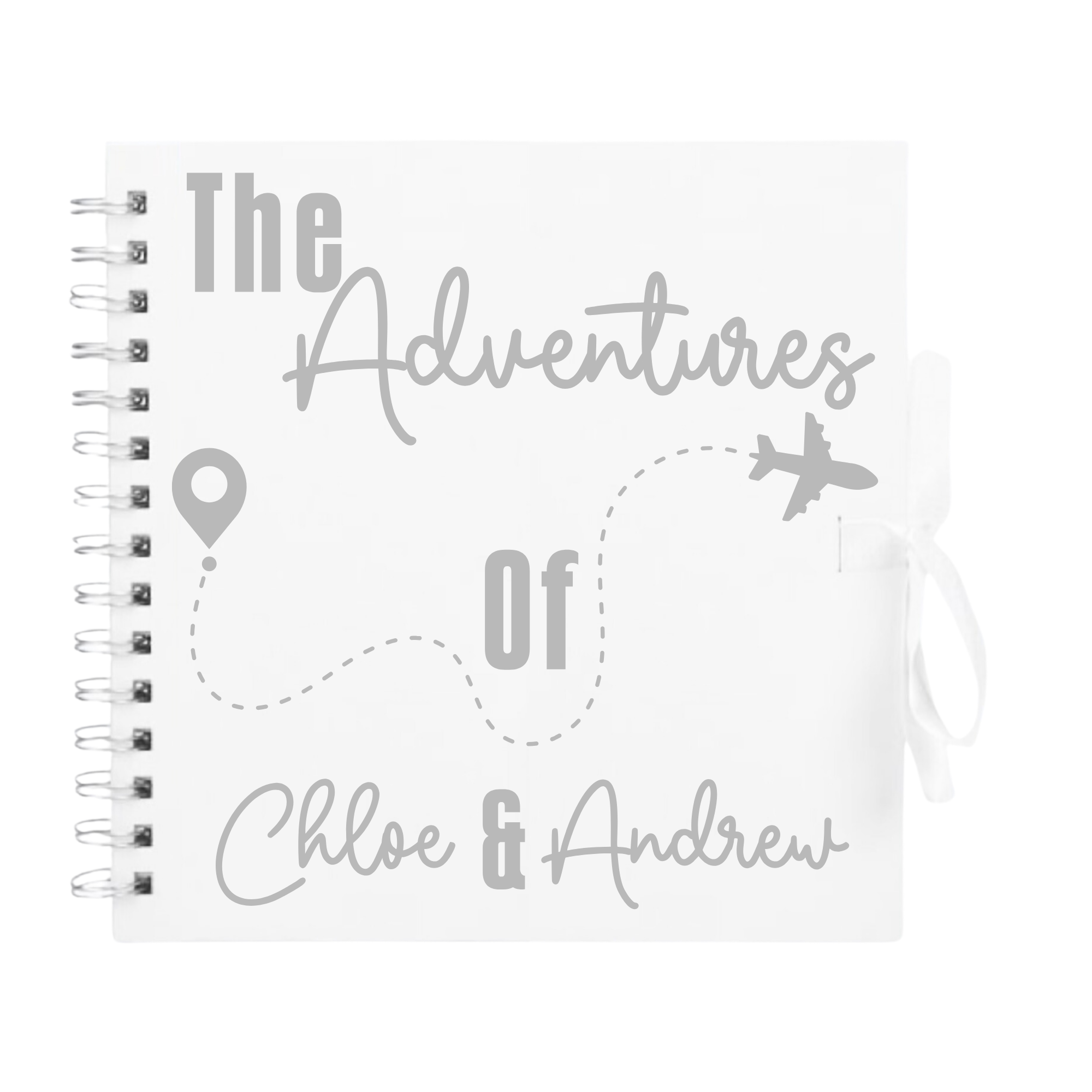 White travel scrapbook album with silver plane and path design, personalised with “Chloe & Andrew” – modern photo journal for travellers.

