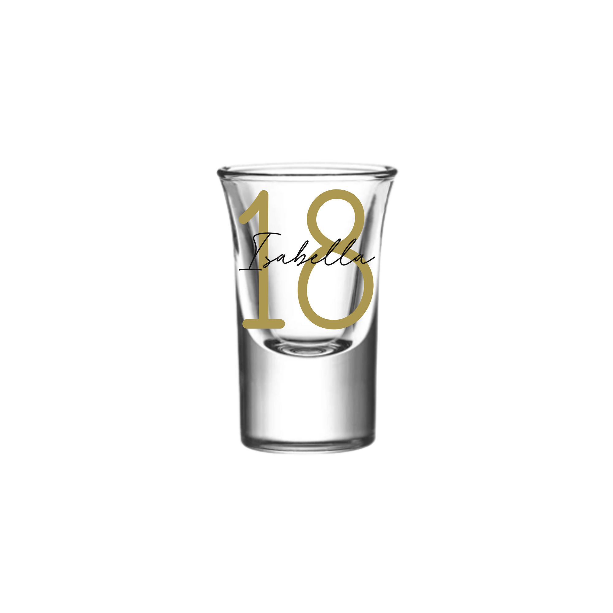 Personalised 25ml shot glass with gold number 18 and name Isabella, perfect 18th birthday gift for her or him, milestone personalised gift 