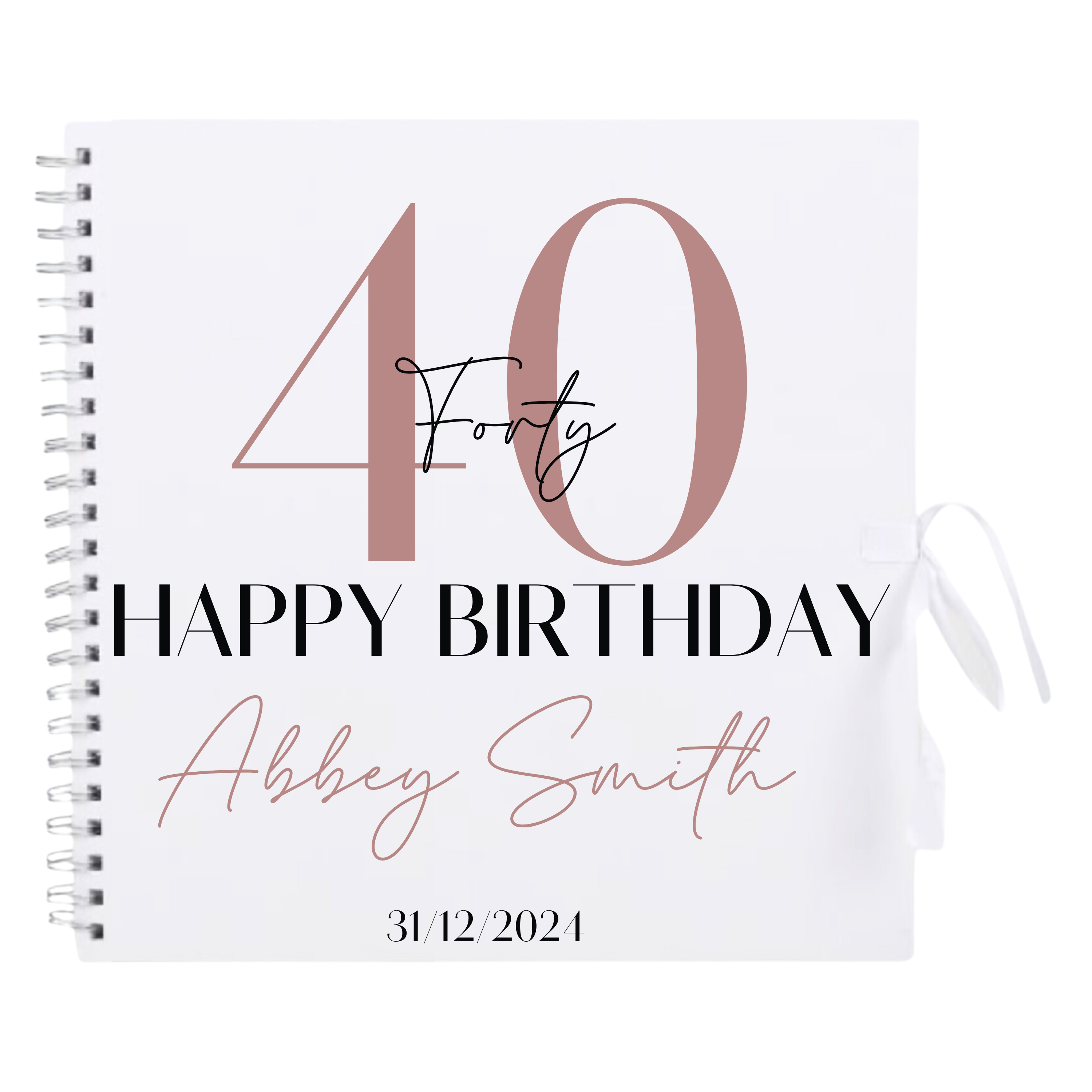 Personalised 40th birthday scrapbook album in white cover with rose gold detailing and custom name