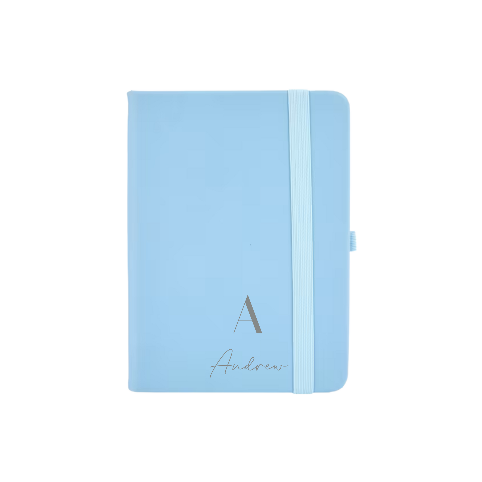 Light blue personalised A6 vegan leather notebook with initial A and name Andrew printed on the cover.