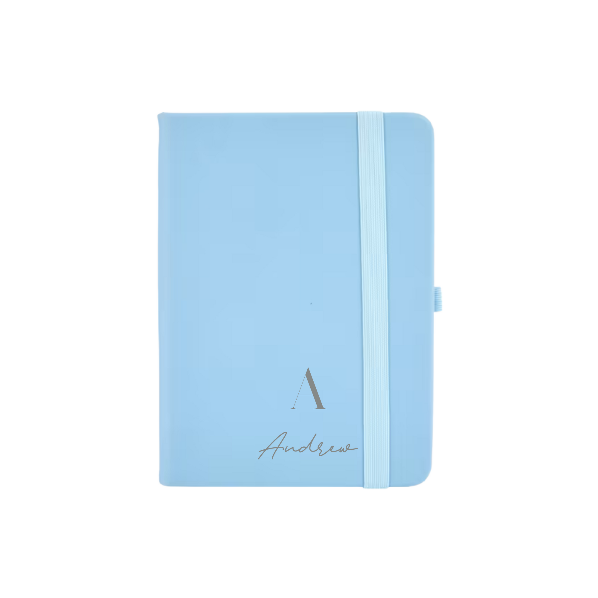 Light blue personalised A6 vegan leather notebook with initial A and name Andrew printed on the cover.