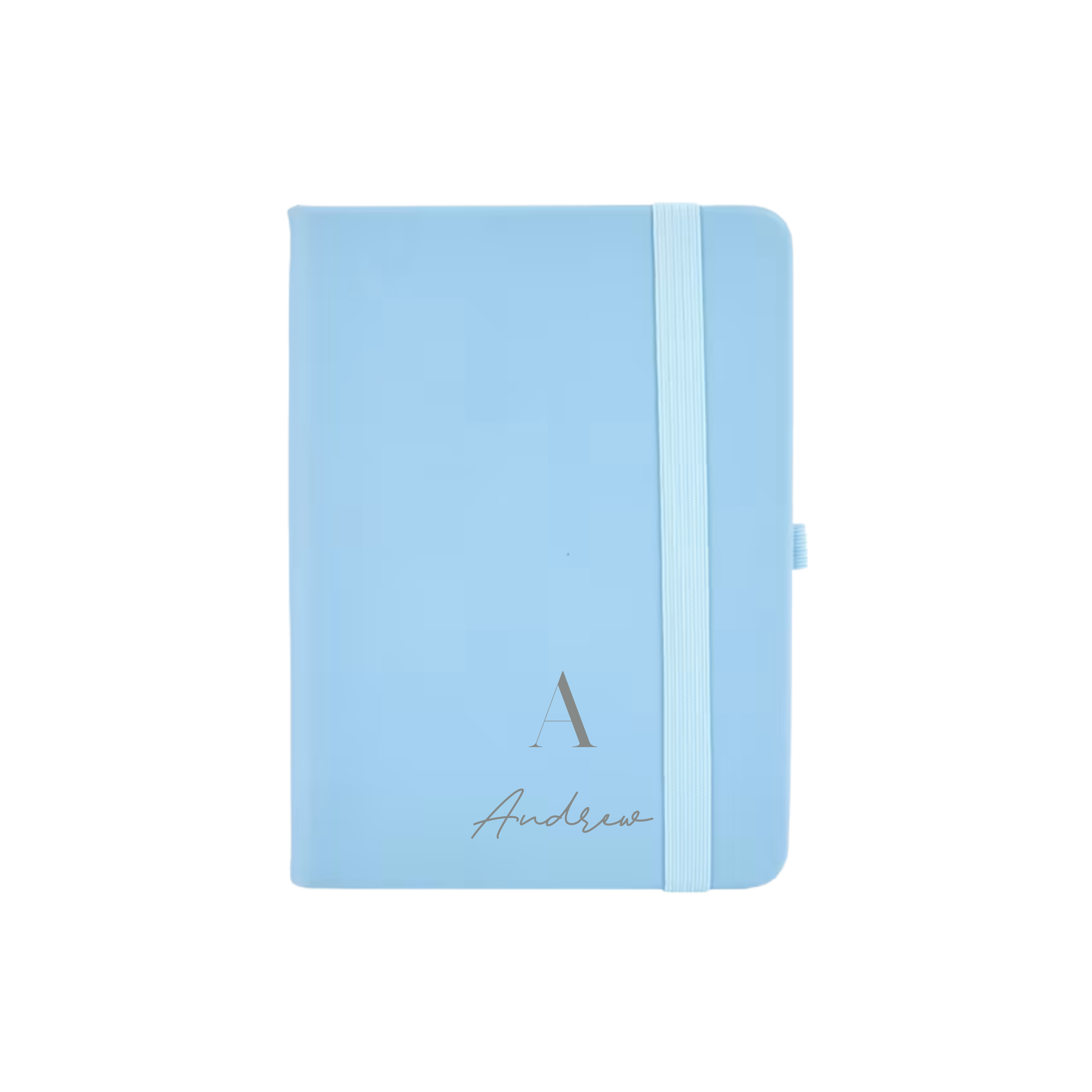 Light blue personalised A6 vegan leather notebook with initial A and name Andrew printed on the cover.