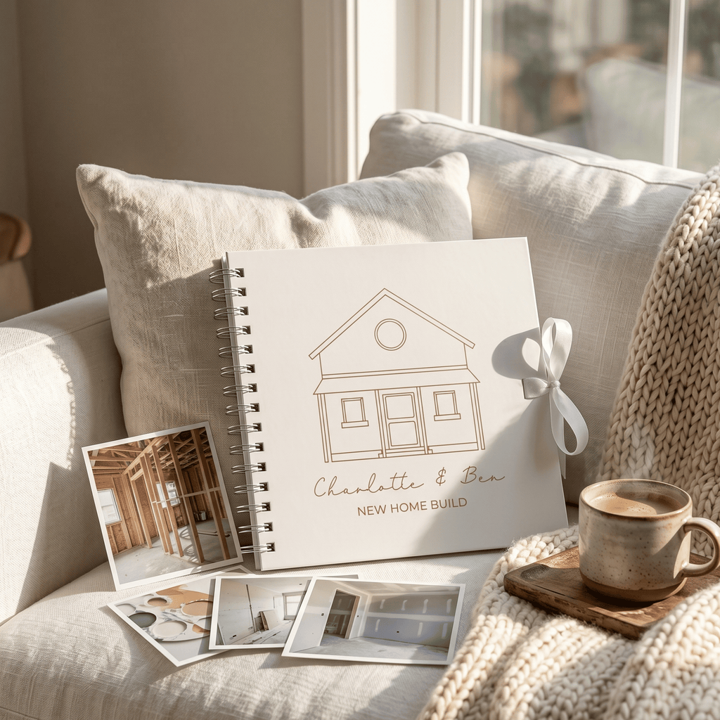 Home build memory book with house illustration on a couch with photos and a cup of coffee.