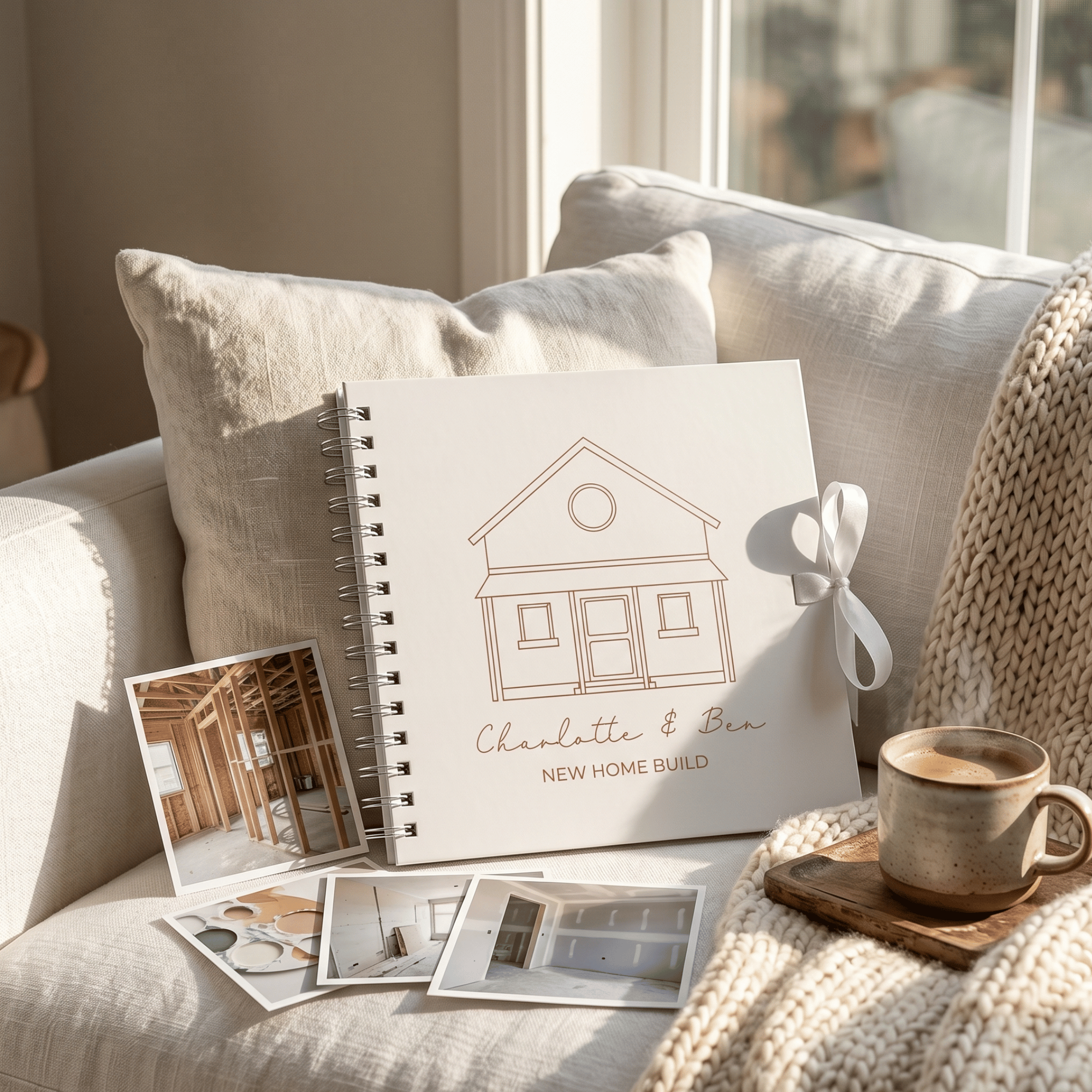 Home build memory book with house illustration on a couch with photos and a cup of coffee.