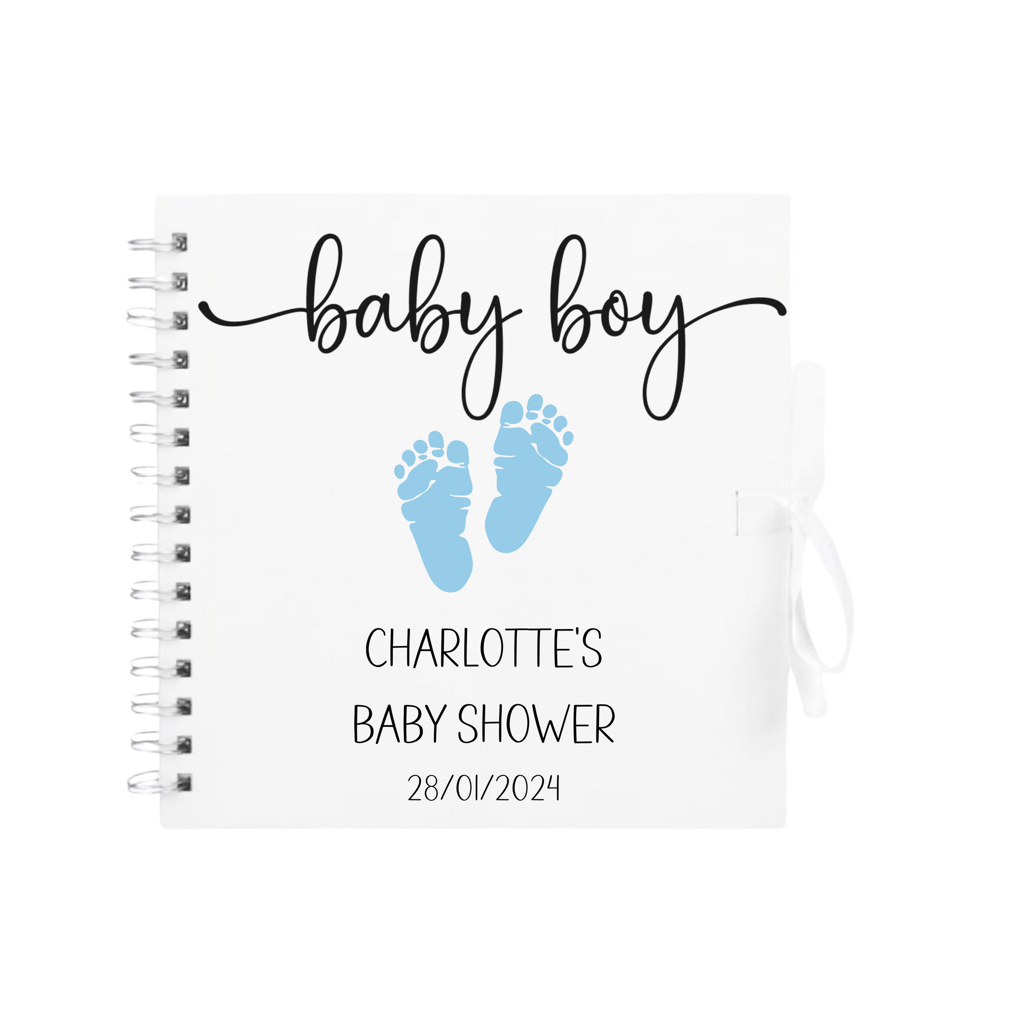 White baby shower scrapbook album with “baby boy” title and blue footprints – personalised keepsake for Charlotte’s event.