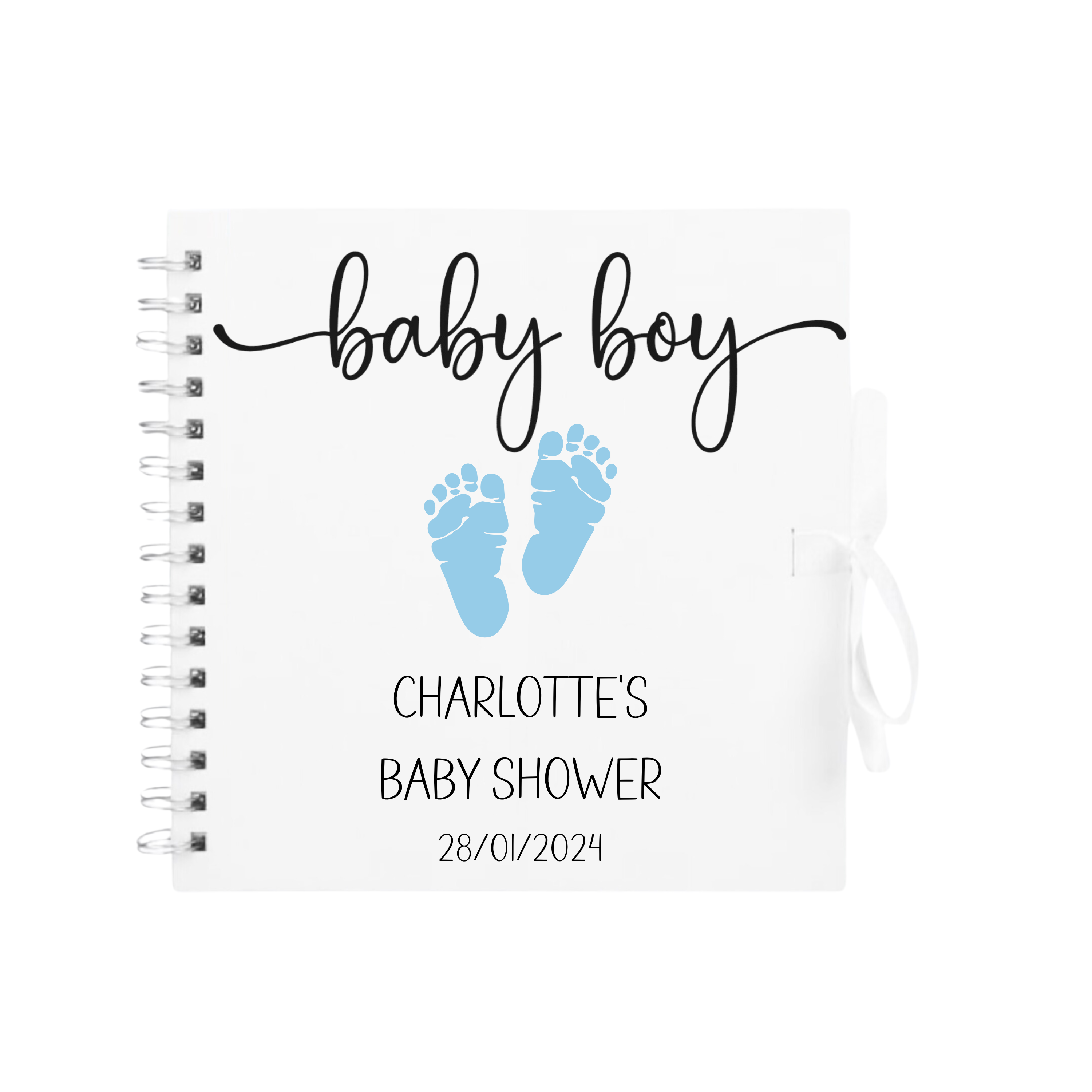 White baby shower scrapbook album with “baby boy” title and blue footprints – personalised keepsake for Charlotte’s event.