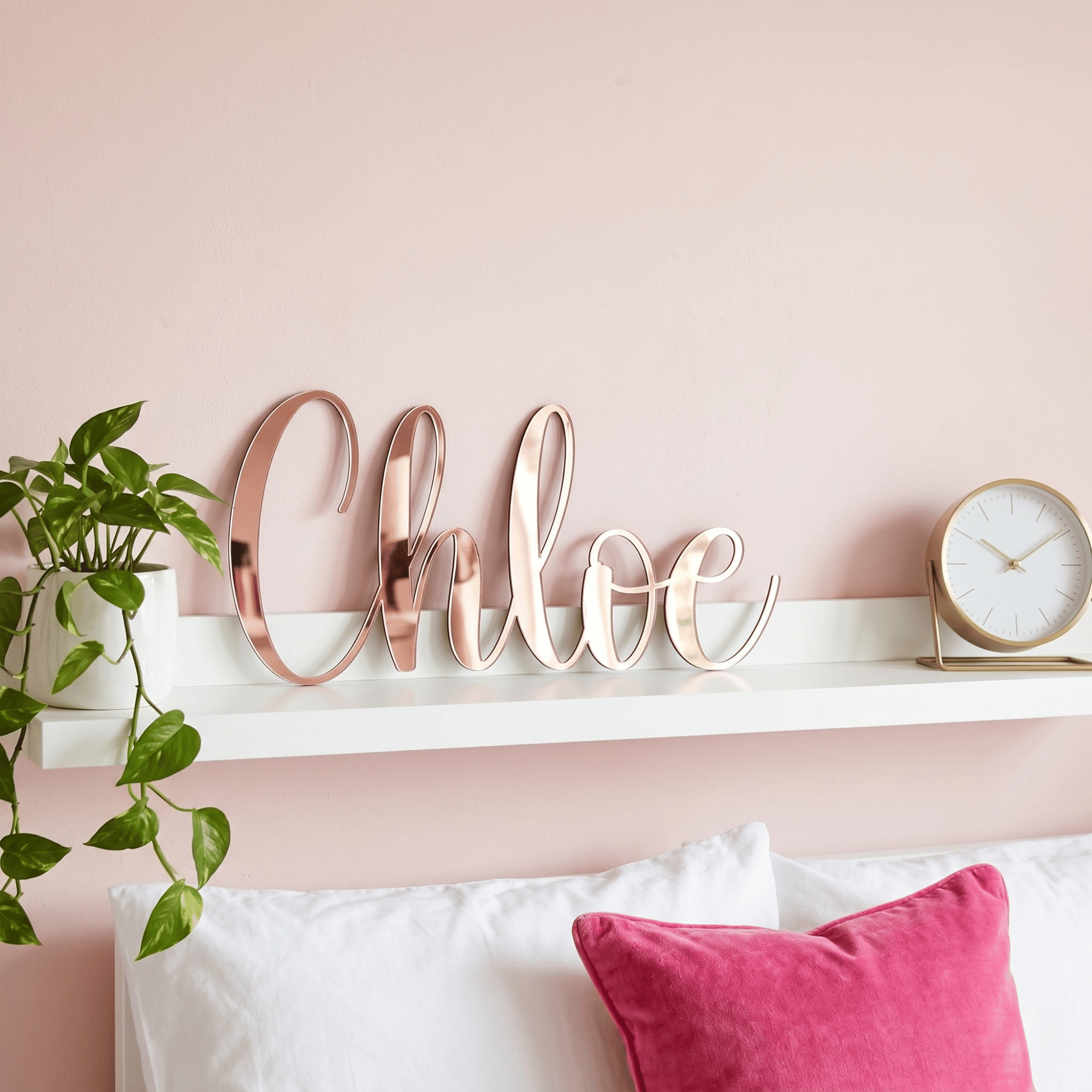 Decorative wall sign with 'Chloe' on a pink wall above a bed with pillows.