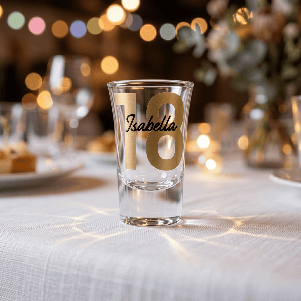 Clear shot glass with '18 Isabella' text on a table with blurred lights and flowers in the background
