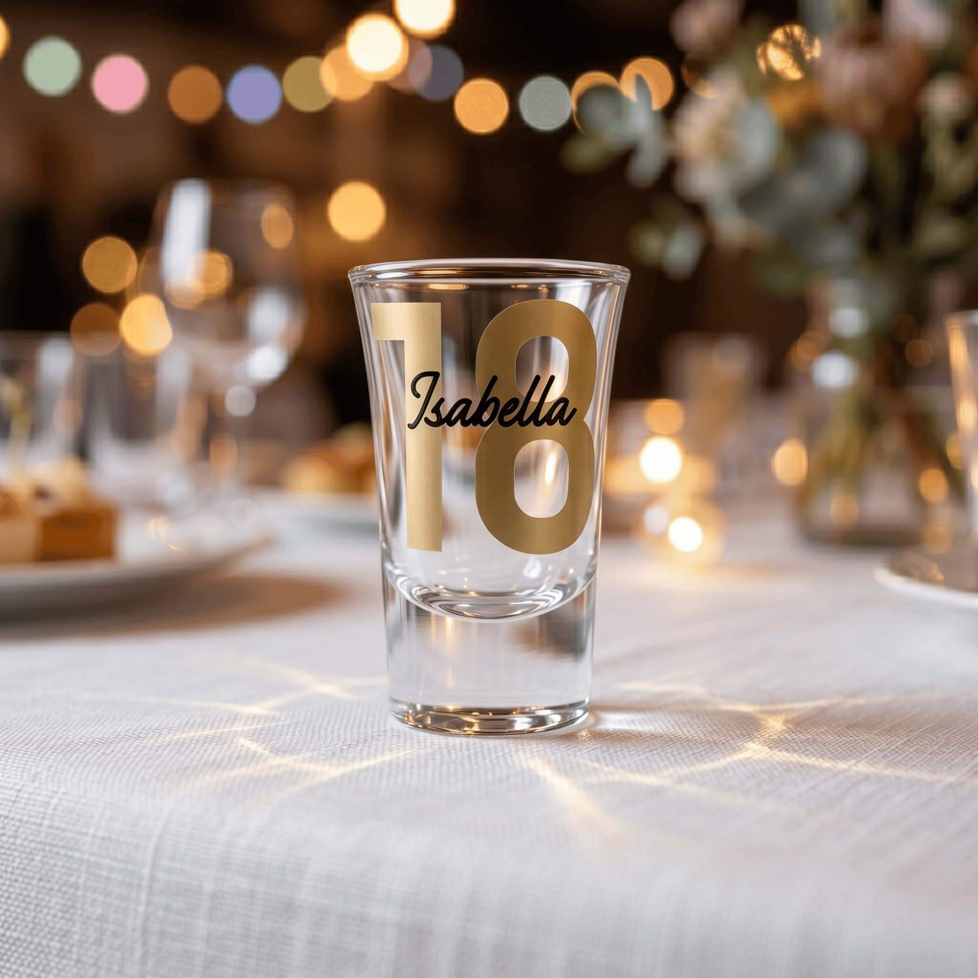Clear shot glass with '18 Isabella' text on a table with blurred lights and flowers in the background