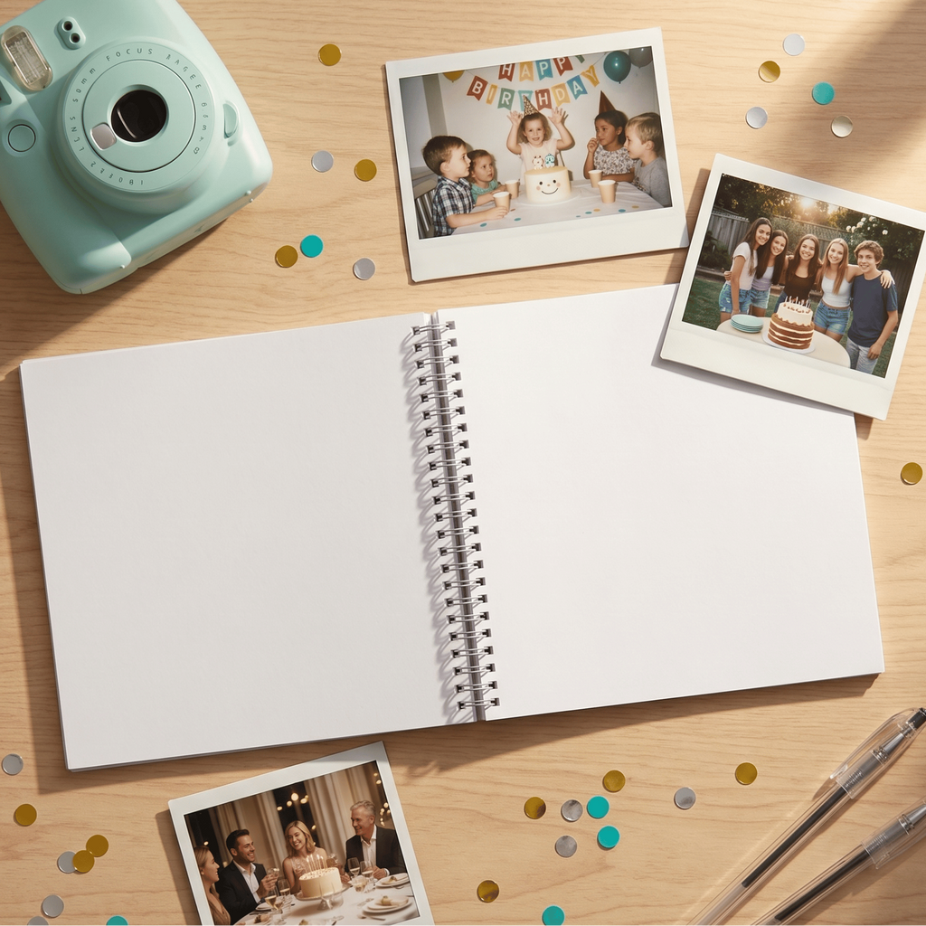 Open album with photos of a birthday celebration on a wooden surface with a camera and confetti.