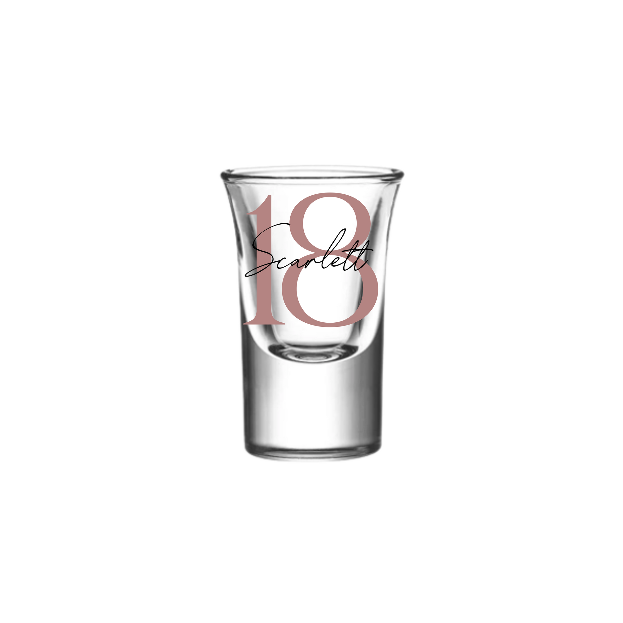 Personalised 25ml shot glass with blush pink number 18 and name Scarlett, perfect 18th birthday gift for her or him, milestone personalised gift Australia