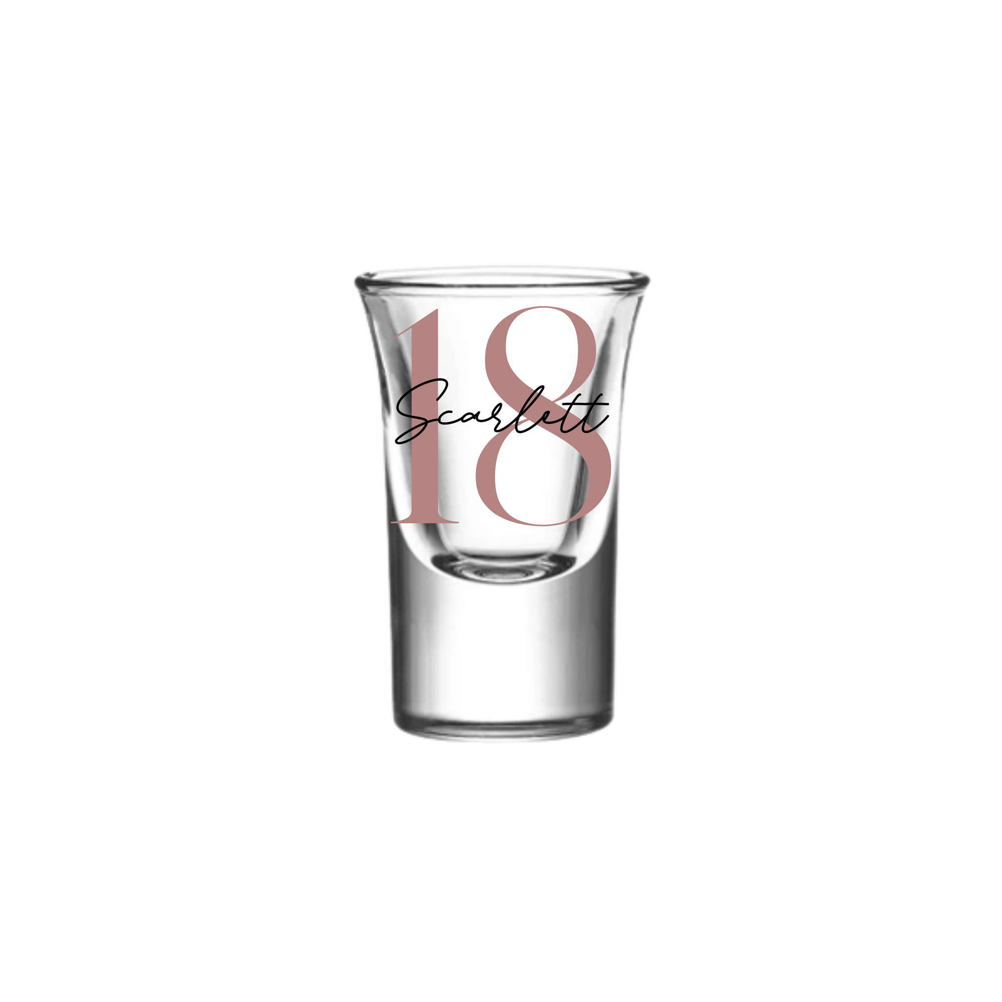 Personalised 25ml shot glass with blush pink number 18 and name Scarlett, perfect 18th birthday gift for her or him, milestone personalised gift Australia