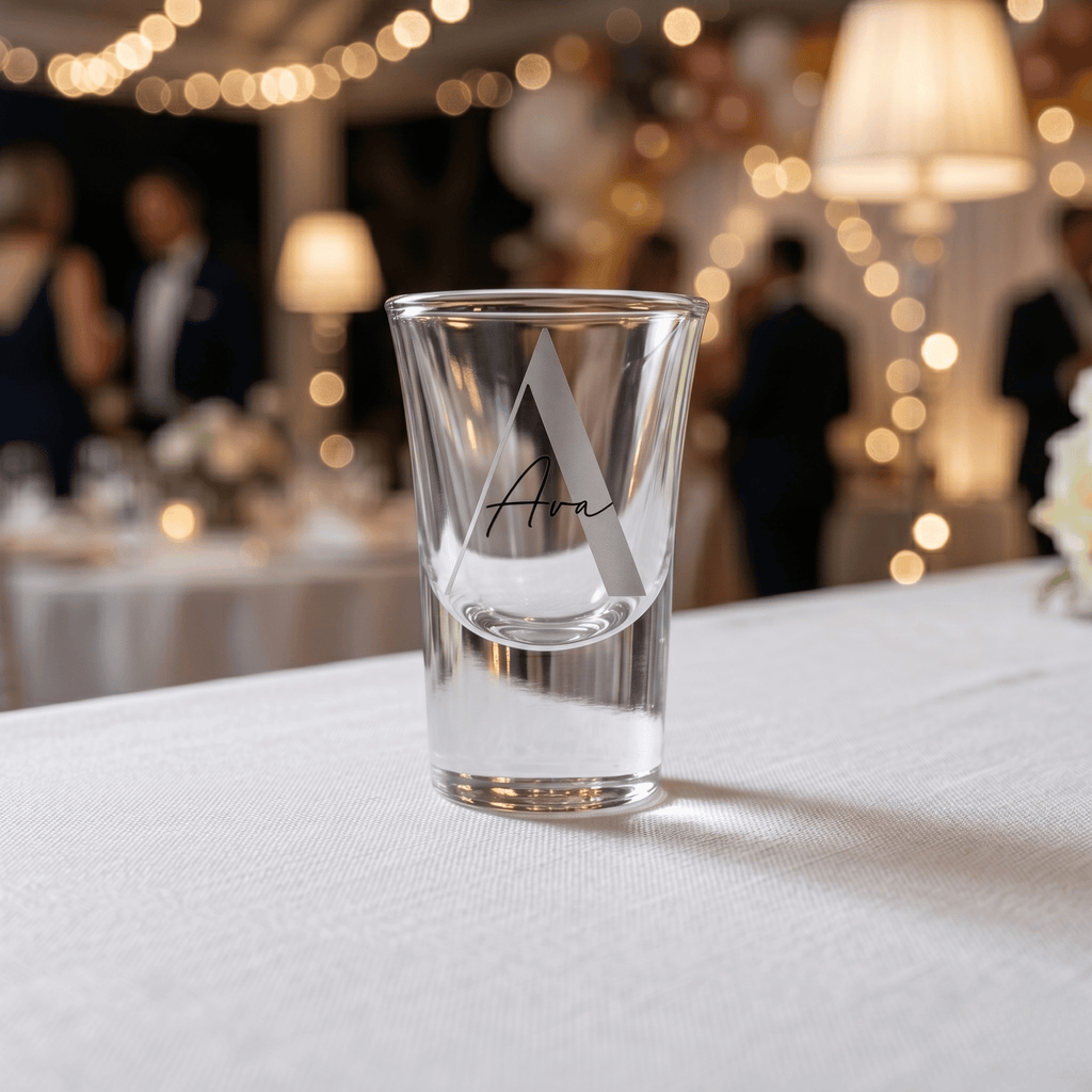 Clear shot glass with 'Avra' branding on a white tablecloth with blurred event background